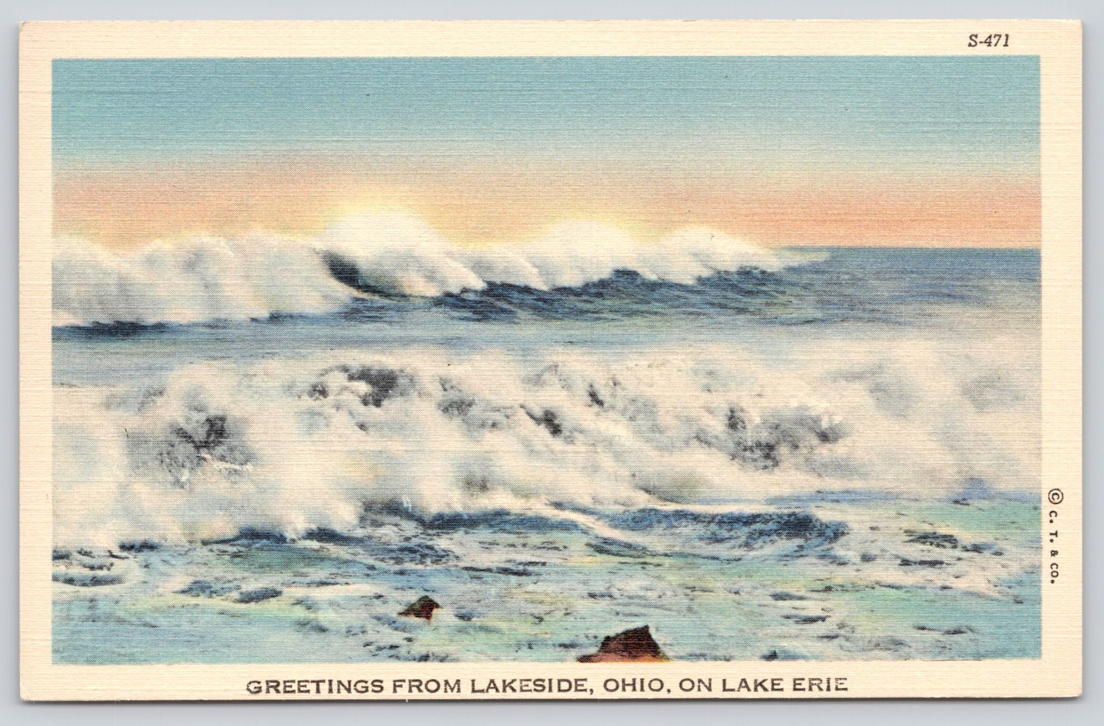 Greetings from Lakeside OH Ohio on Lake Erie Rolling Waves 1930s Postcard UNP