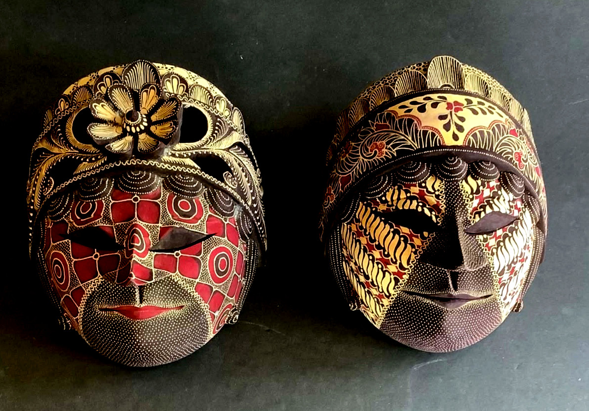 Pair of Traditional Handcrafted/Carved Indonesian Wooden Batik Masks From Java