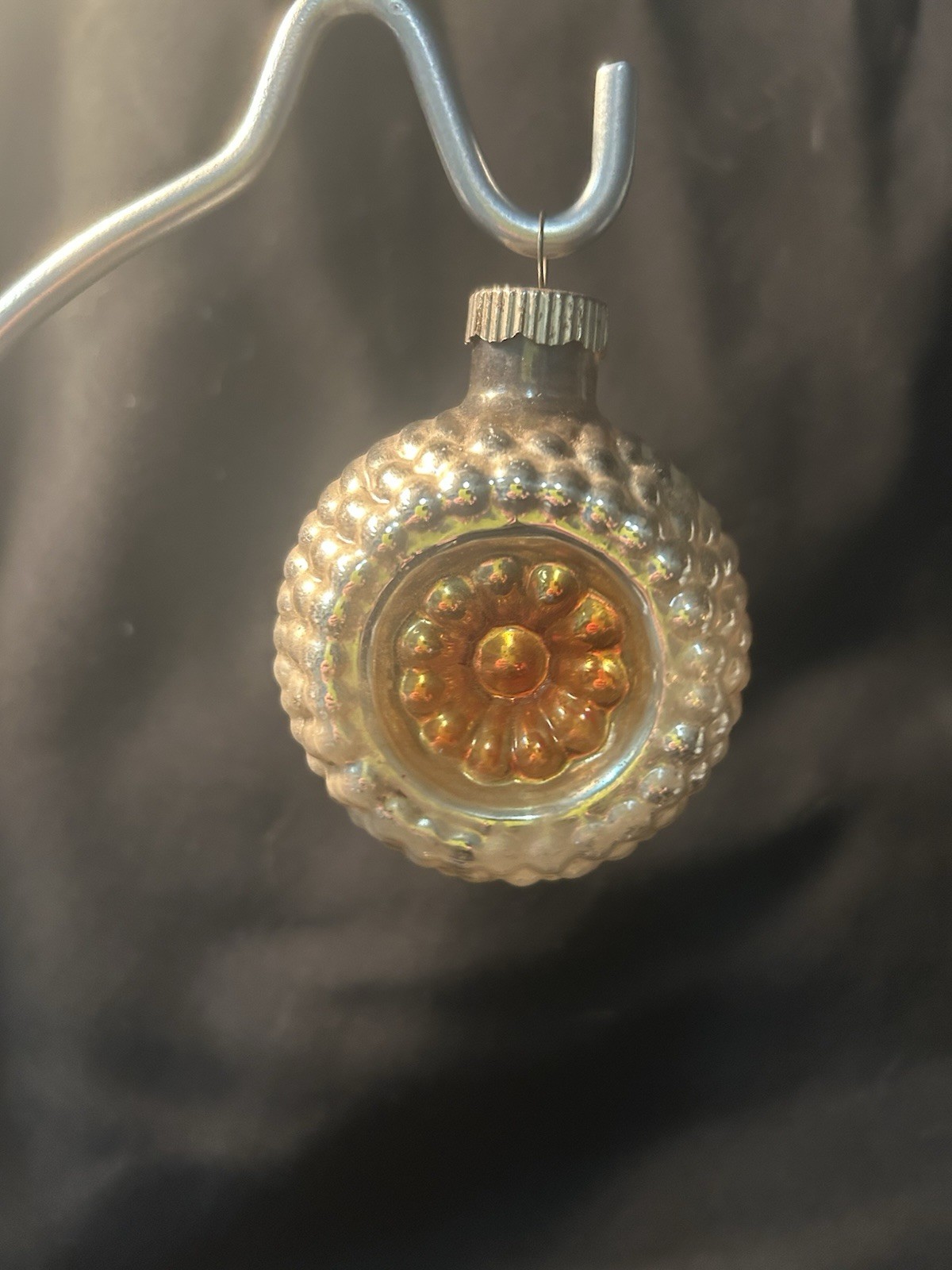 Vintage SHINY BRITE Bumpy Christmas Ornament Silver  & Orange Double Indent