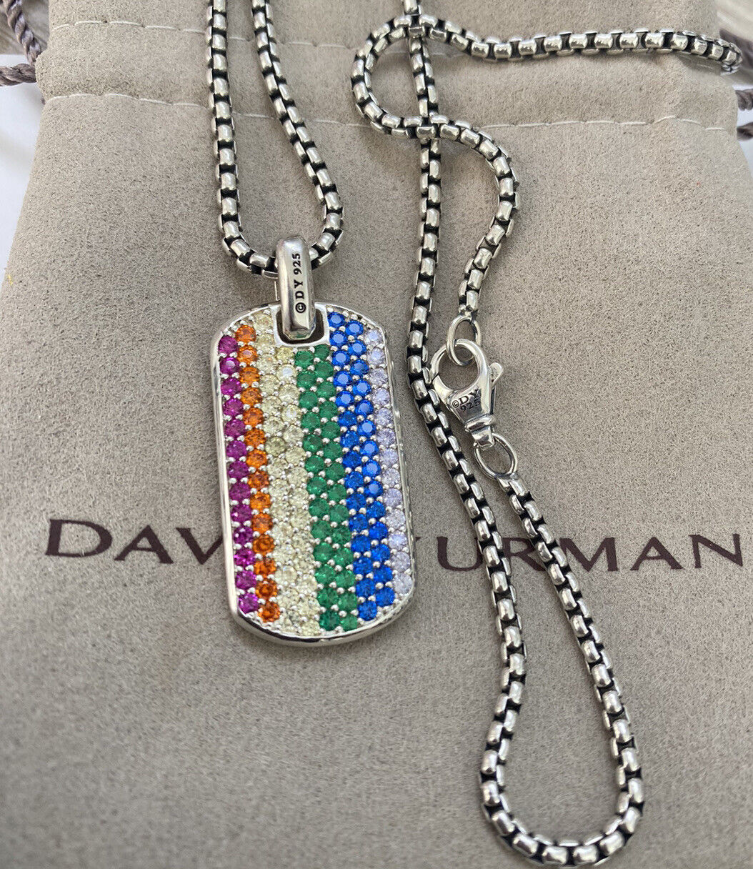 David yurman Sterling Silver 35mm Streamline Dog Tag Rainbow Sapphires 22 inch