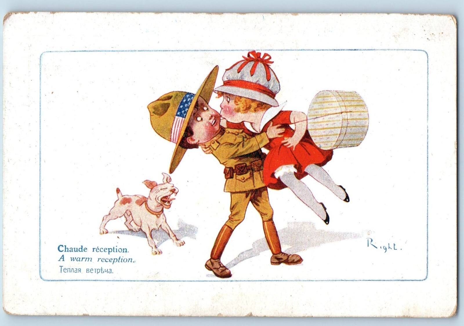 Humor Postcard Little Soldier Romance A Warm Reception Dog c1910\'s Antique