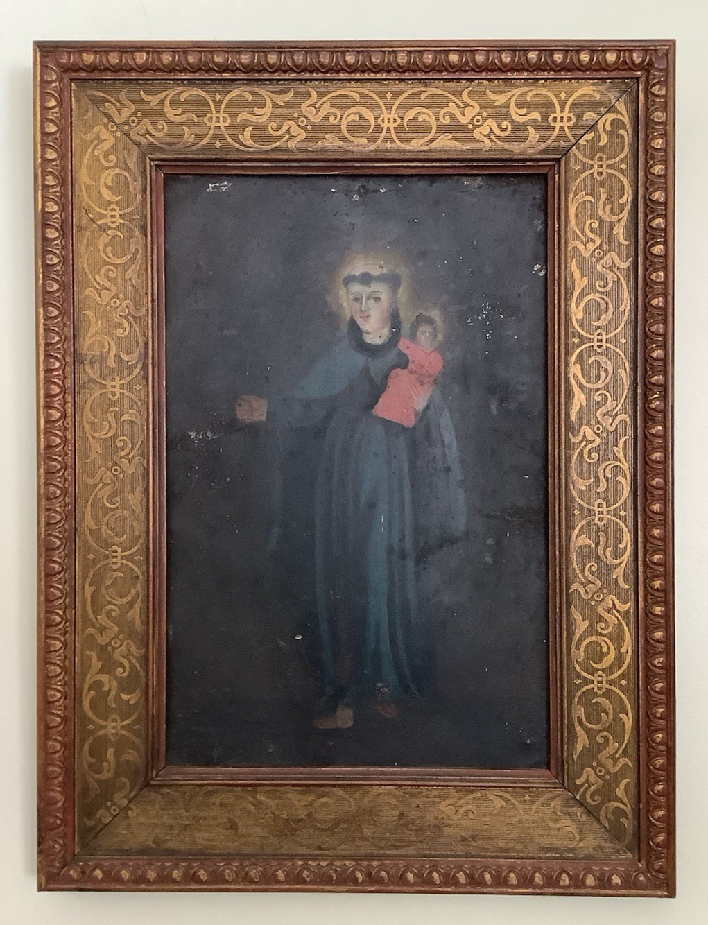 Antique Mexican Folk Art Devotional Retablo Painting on Tin Framed St Anthony