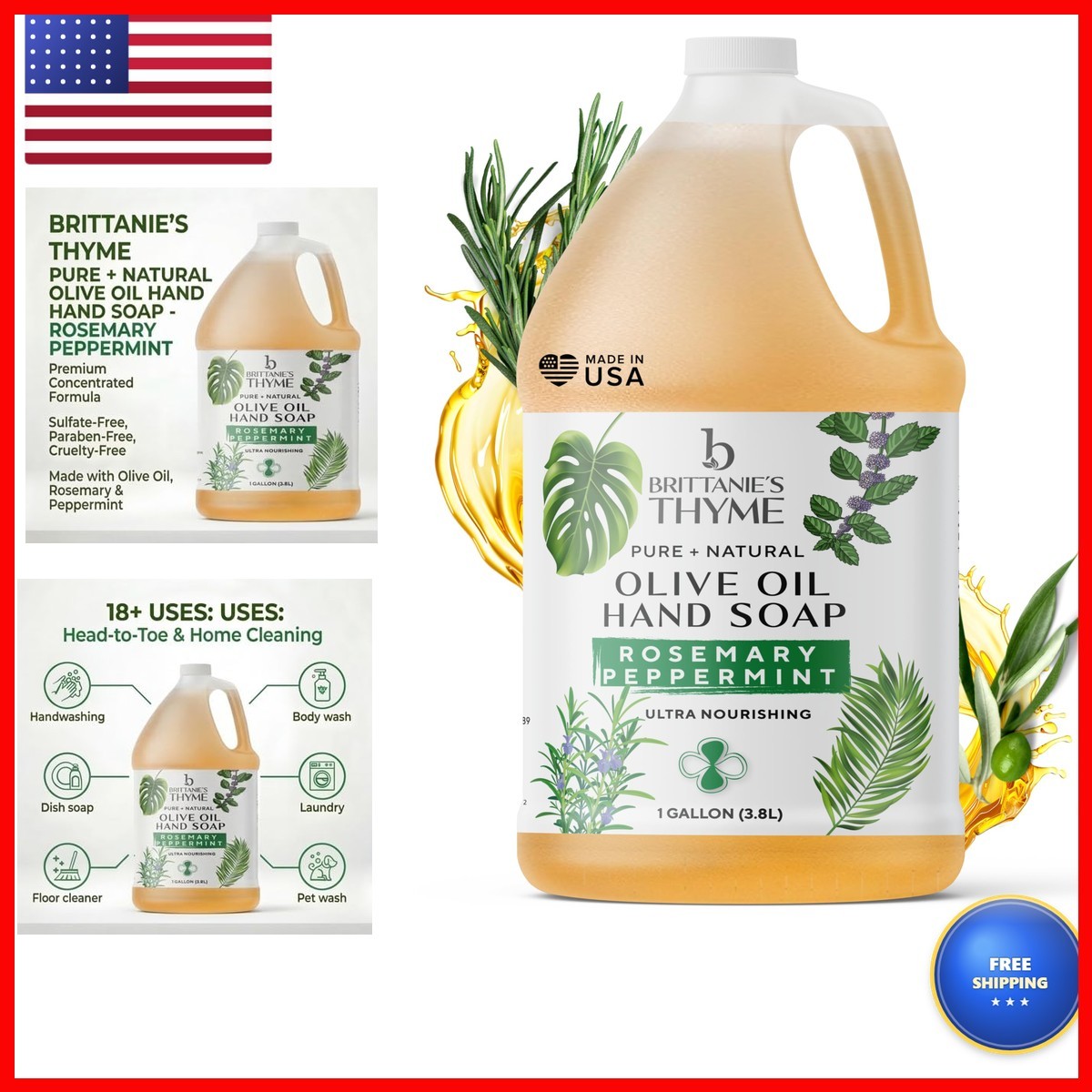 Brittanie's Pure Castile Liquid Soap Refill, Rosemary Peppermint, 1 Gallon 2572