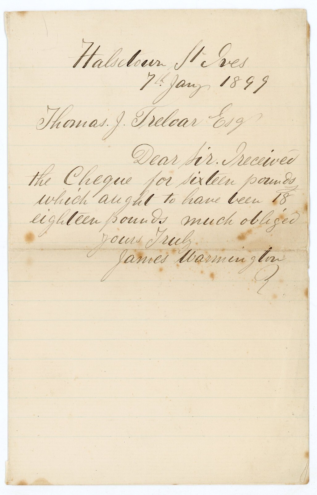 1899 Handwritten Letter James Warmington 2 Thomas J. Treloar Payment Discrepancy