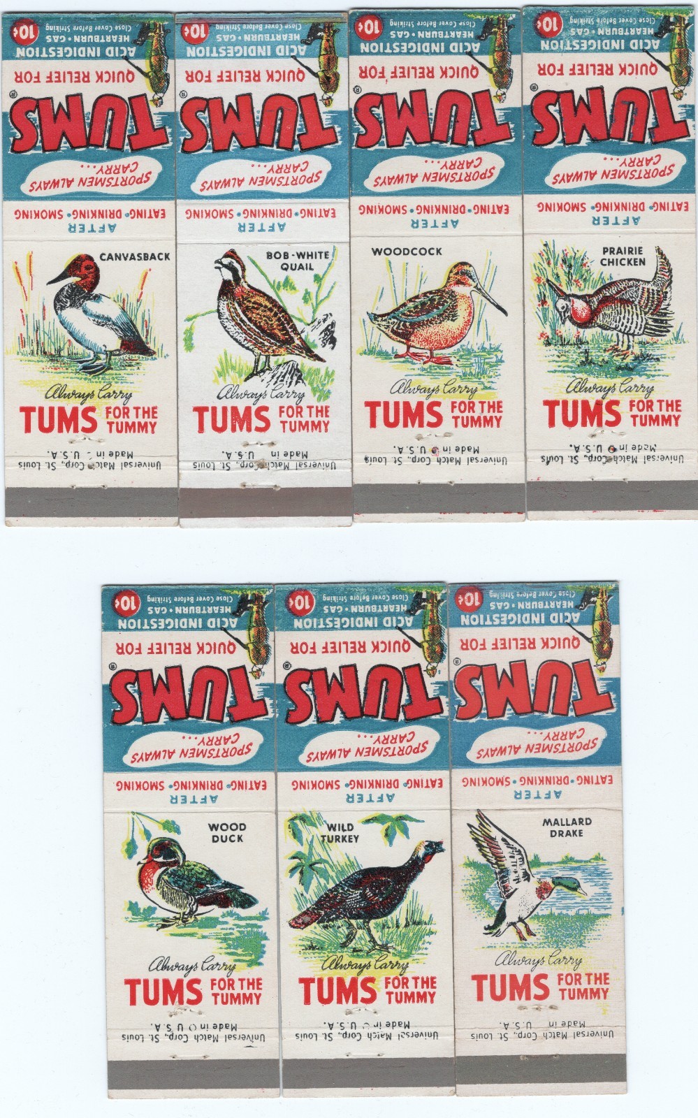 Lot of 7 Vintage TUMS Bird Hunting Matchbook Covers 5MB125-5
