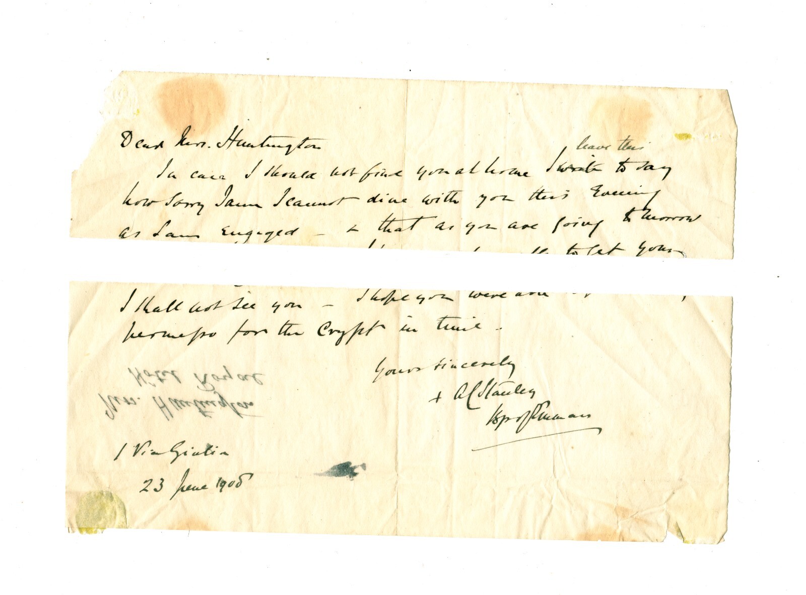 SIGNED 1908 letter by Bishop Algernon Charles Stanley, Catholic Bishop of Emmaus