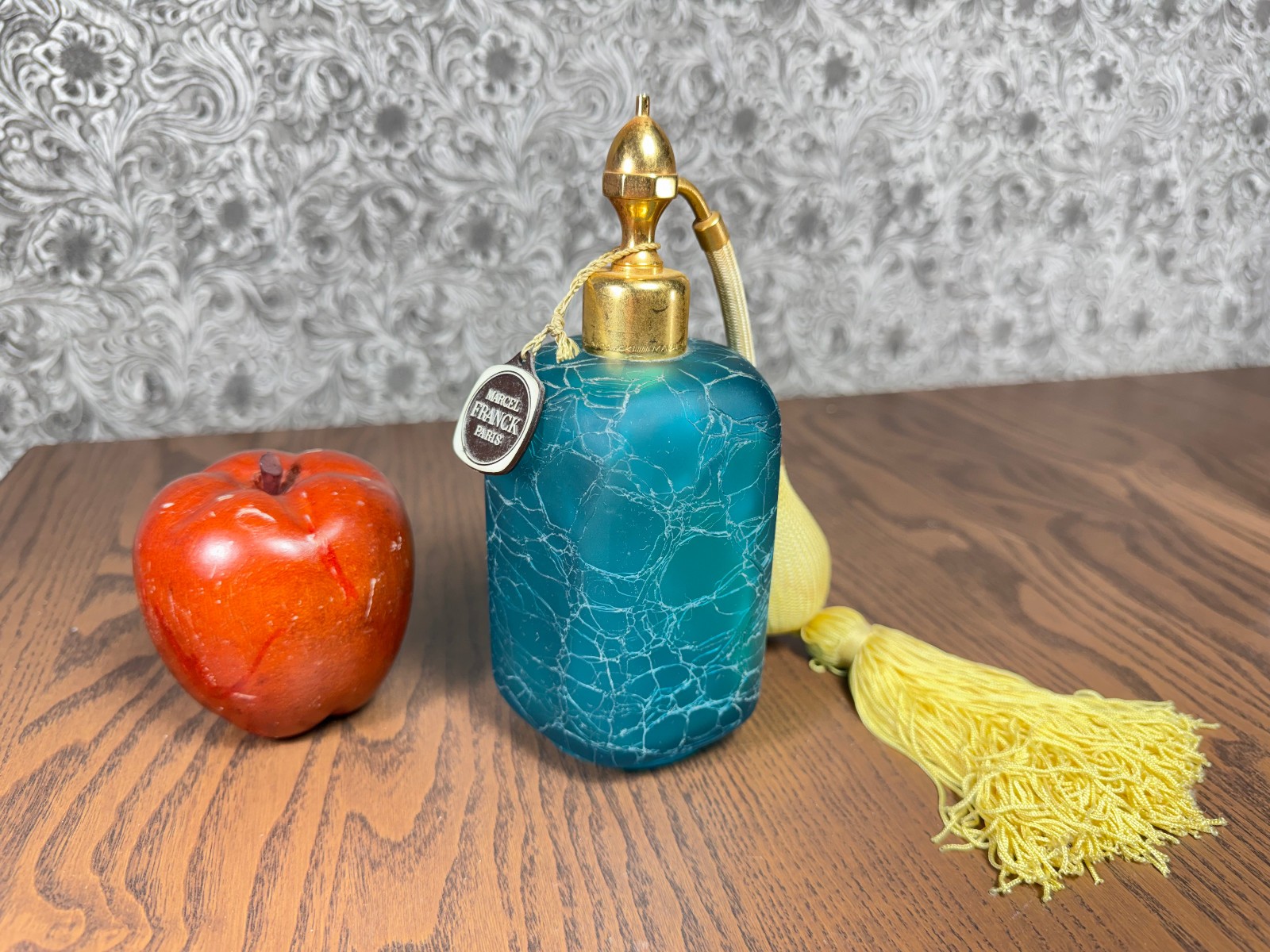Mid Century Marcel Franck Paris Perfume Atomizer Bottle Blue Crackle Glass MCM