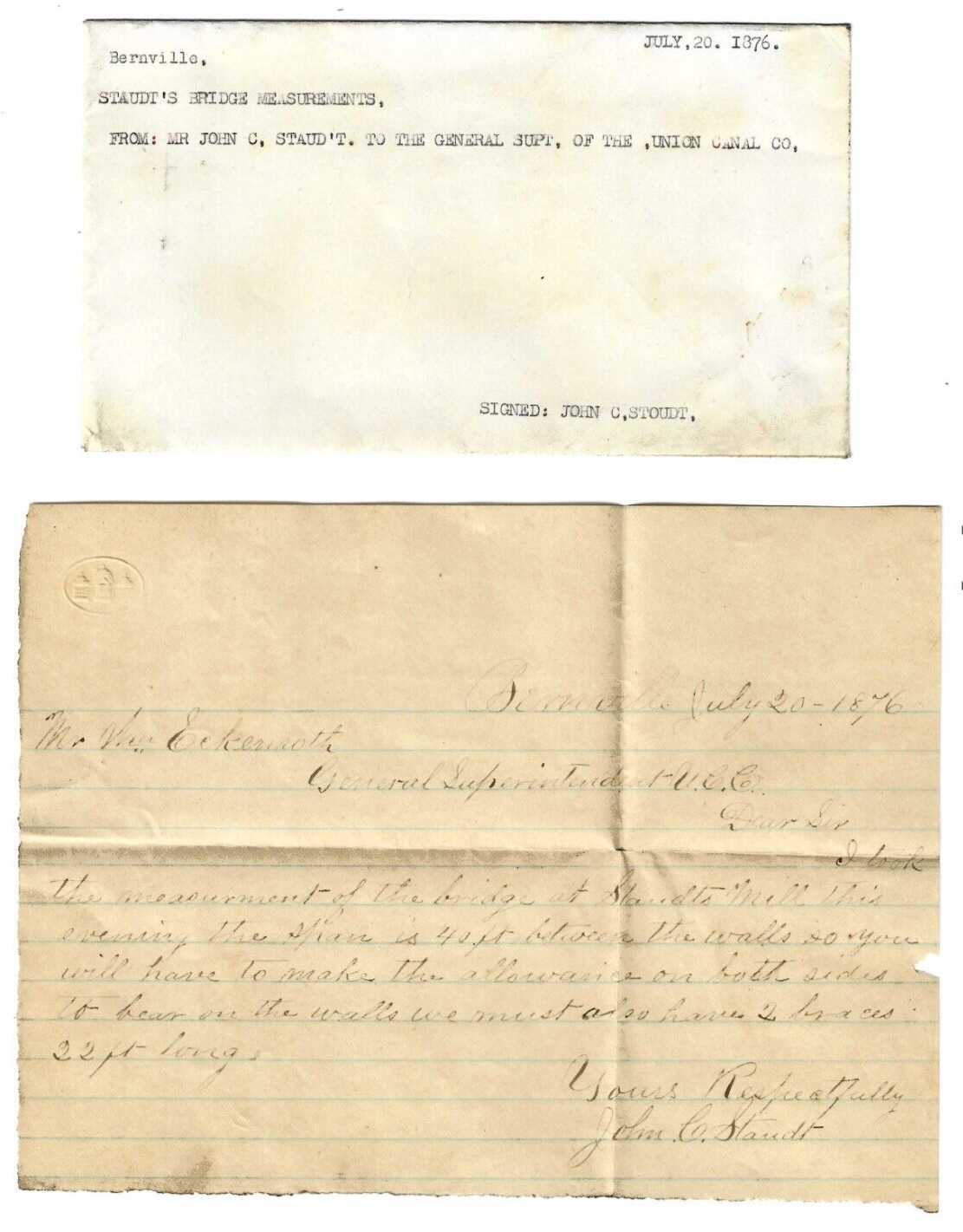 1873 UNION CANAL COMPANY Lebanon PA Staudt's Bridge Measurements doc July 1876