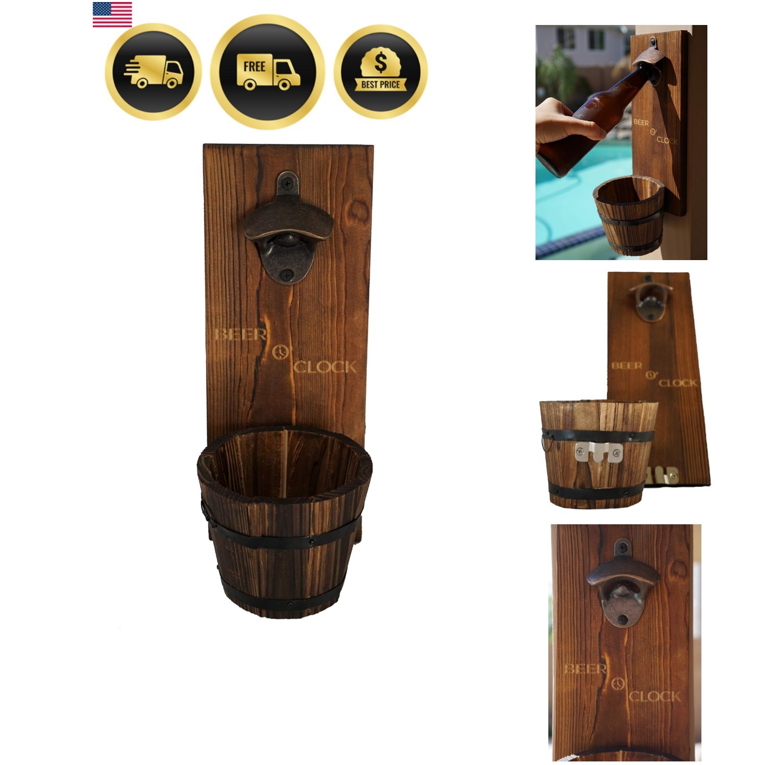 Beer O’ Clock” Rustic Wall Mounted Bottle Opener and Catcher - Dark Stain Pin...