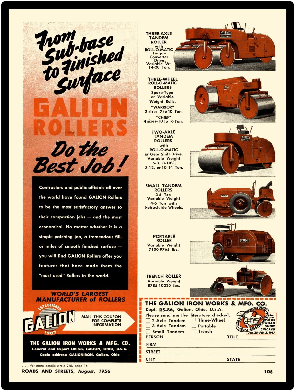 1956 Galion Iron Works New Metal Sign: Road Rollers; 6 Models Shown.  Ohio