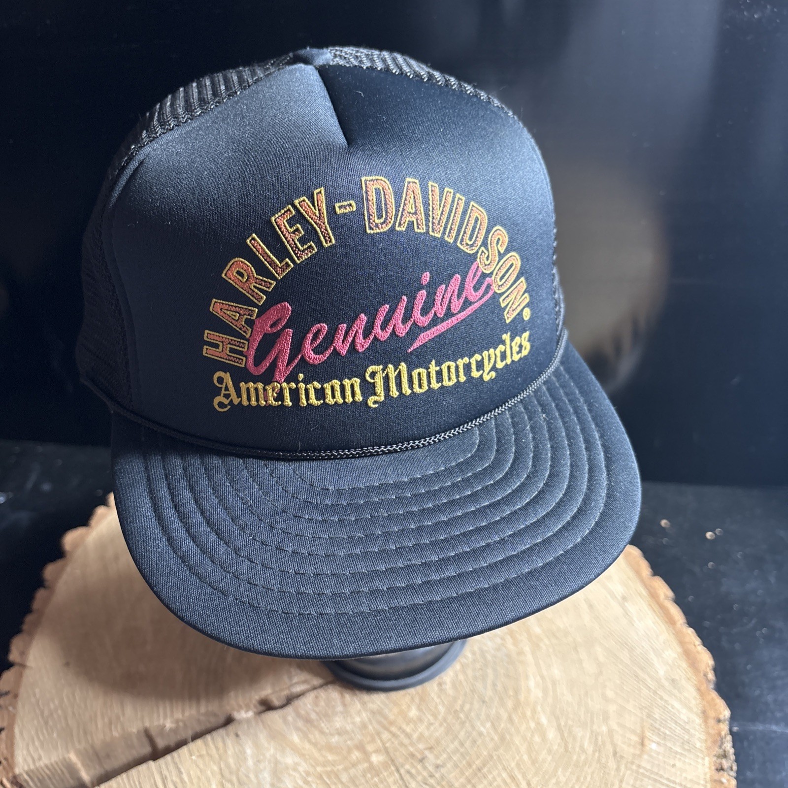 ⁠Vintage Harley Davidson Trucker Hat Genuine AmericanMotorcycles Black Snapback⁠