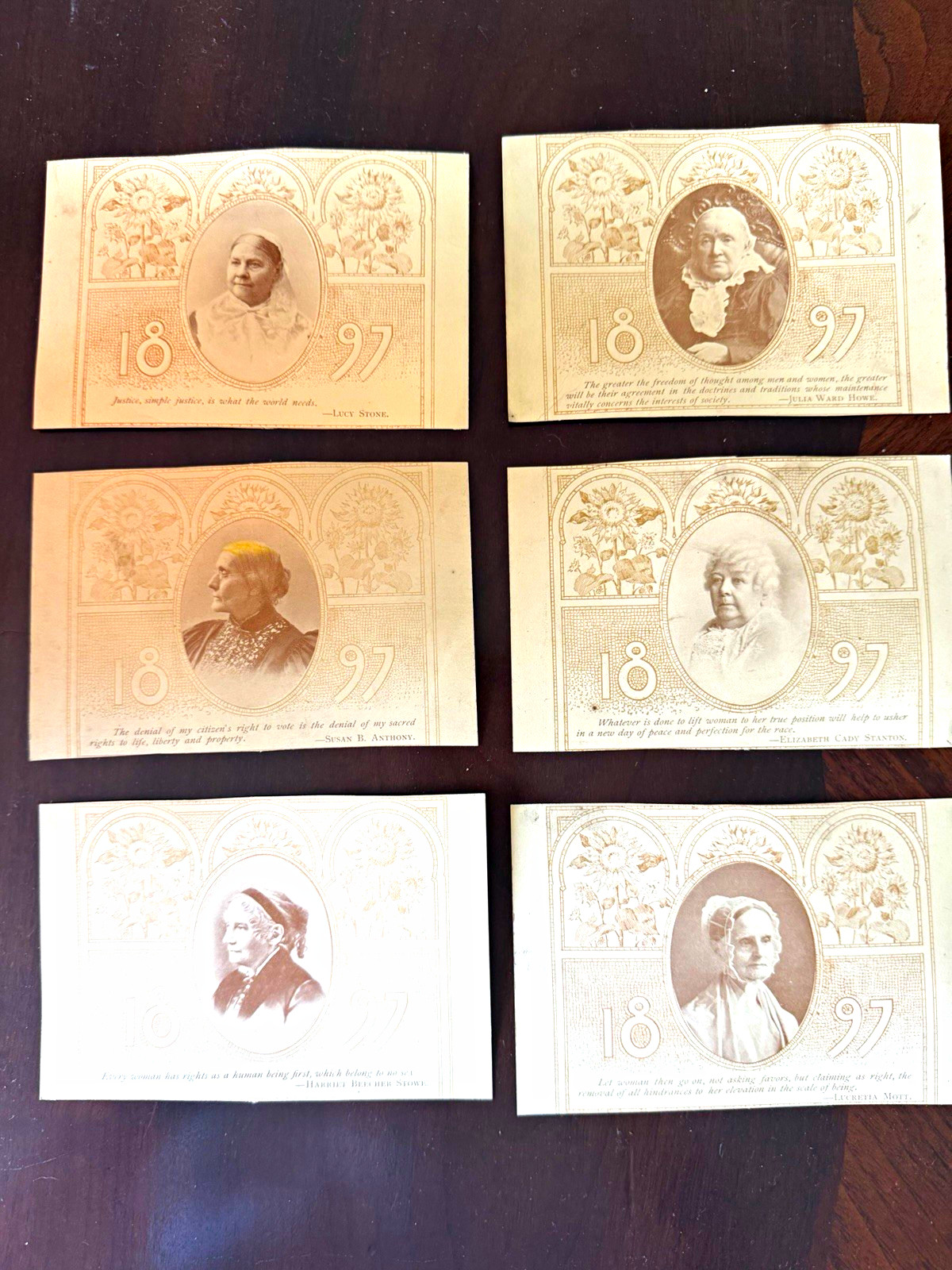 Lot of 6 1897 Women’s Suffrage Portrait Quote Cards Lucy Stone, Susan B. Anthony
