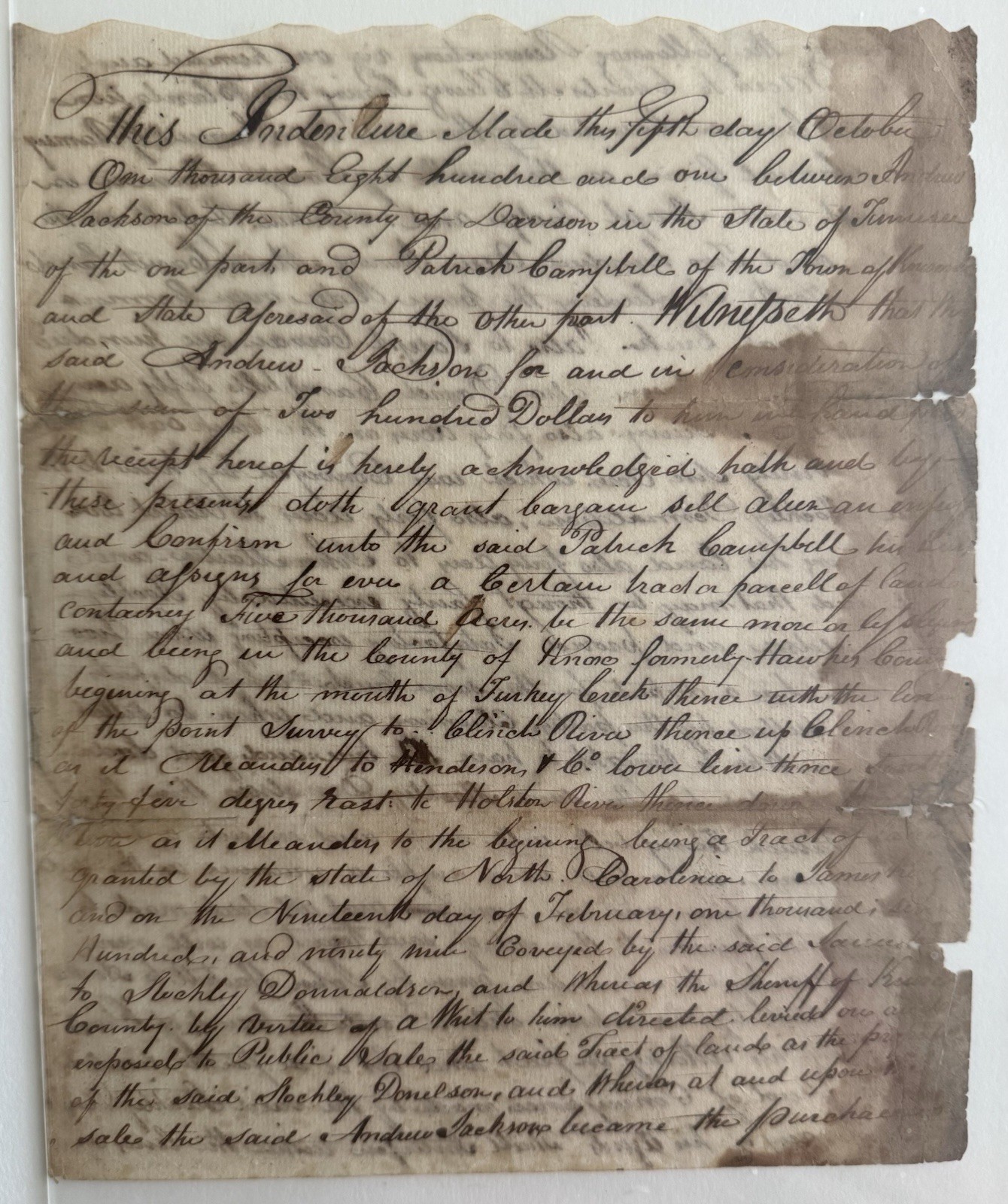 1801 Andrew Jackson Signed Land Deed Tennessee 5000 Acres Knox County