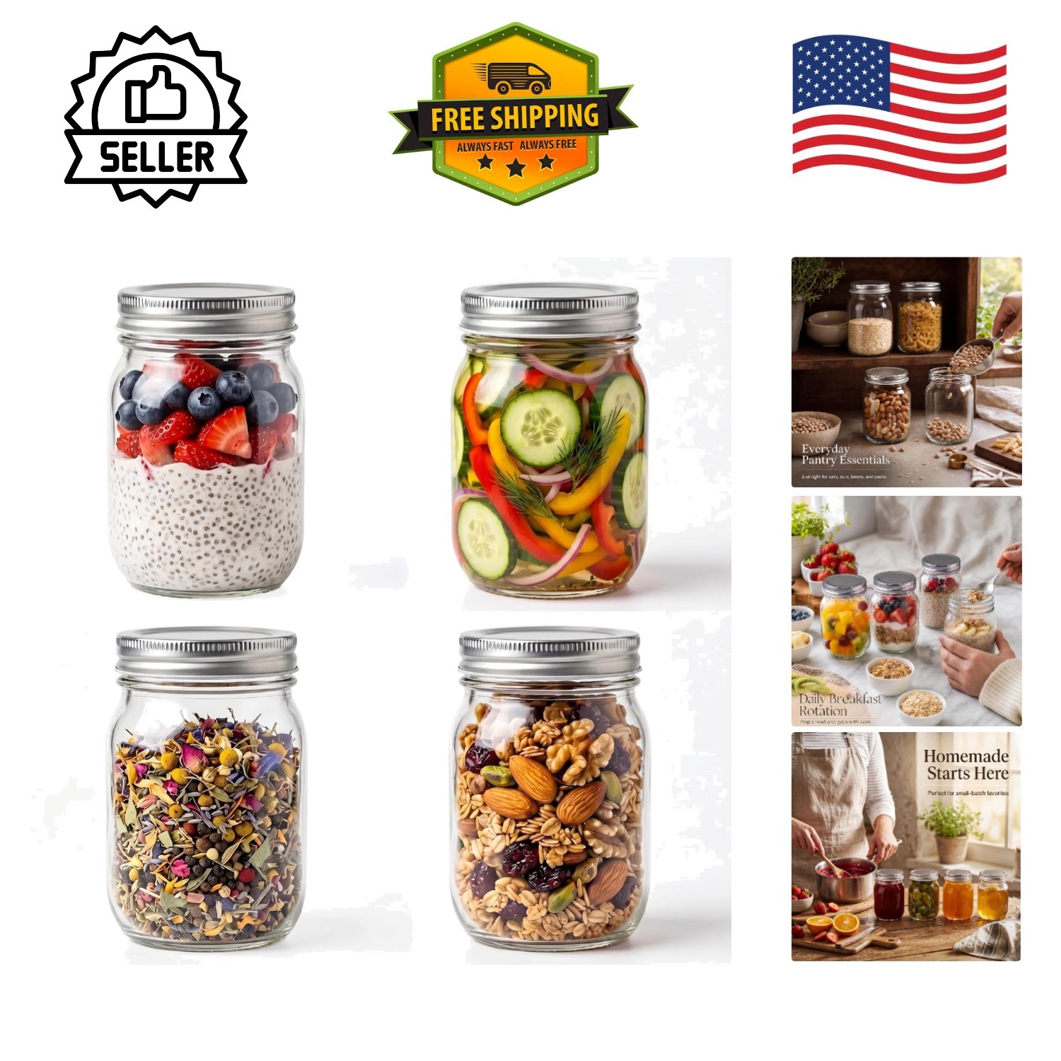 Versatile 16 oz Mason Jars with Air-Tight Silver Lids - Ideal for Crafts & Food Versatile 16 oz Mason Jars with Air-Tight Silver Lids - Ideal for Crafts & Food