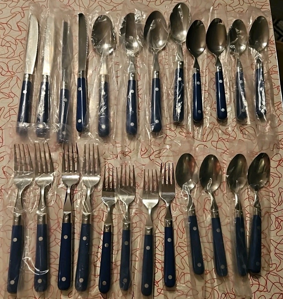 28 Lillian Vernon Flatware Blue Handle Stainless Steel 18/8 Korea MCM Vtg Retro 28 Lillian Vernon Flatware Blue Handle Stainless Steel 18/8 Korea MCM Vtg Retro