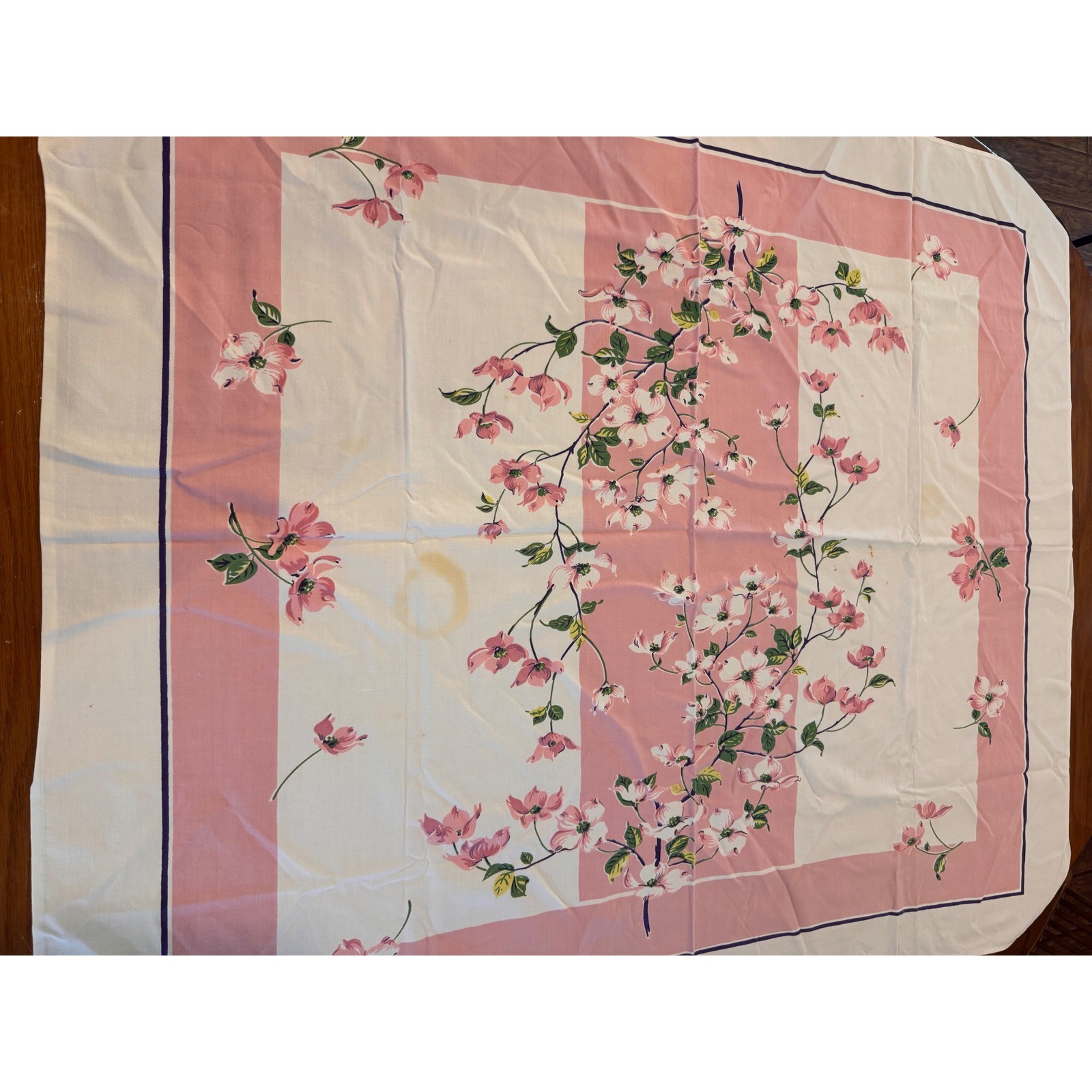 Vintage Pink Dogwood Floral Tablecloth Rectangular White Pink Border 51x44 Vintage Pink Dogwood Floral Tablecloth Rectangular White Pink Border 51x44