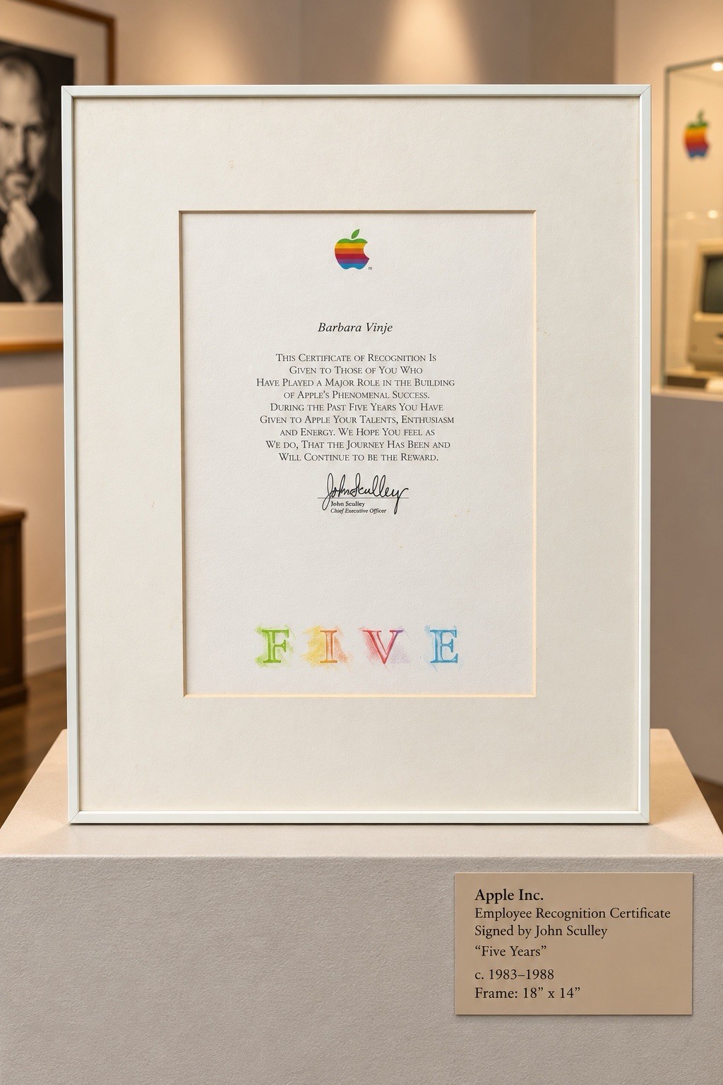 Vtg 1980s Apple Computer 5 Year Service Award Certificate John Sculley Rainbow