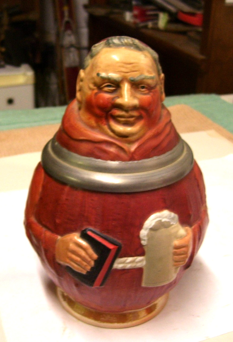 Vtg Reinhold Merkelbach Germany Lidded Stein Friar/Monk Holding Bible and Beer