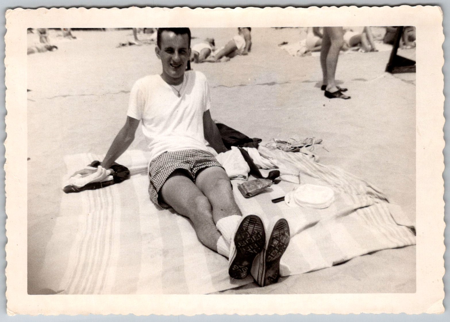 Vtg B&W Snapshot Handsome Young Man Beach Blanket Swim Shorts Sneakers 1950s