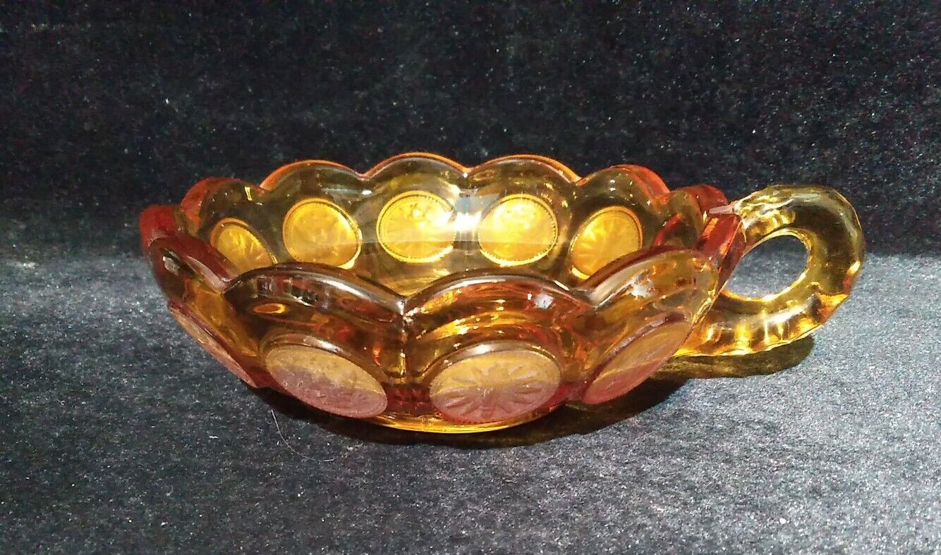 Fostoria Amber Coin Glass Torch & Eagle Round Handled Candy Trinket Dish 6 1/2\