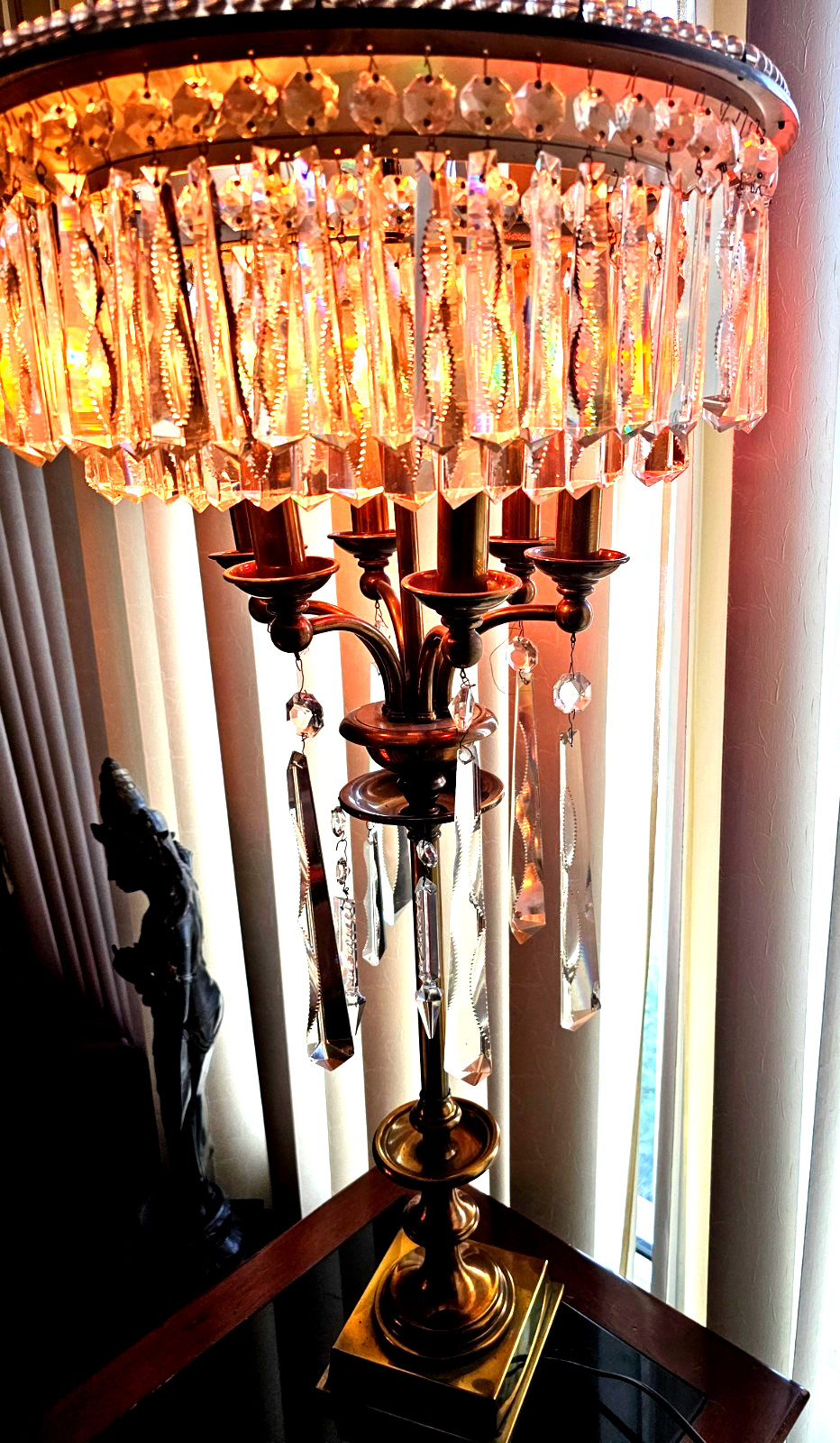 Vintage Brass & Crystal Prism Candelabra Chandelier Lamp 5 Light Holders