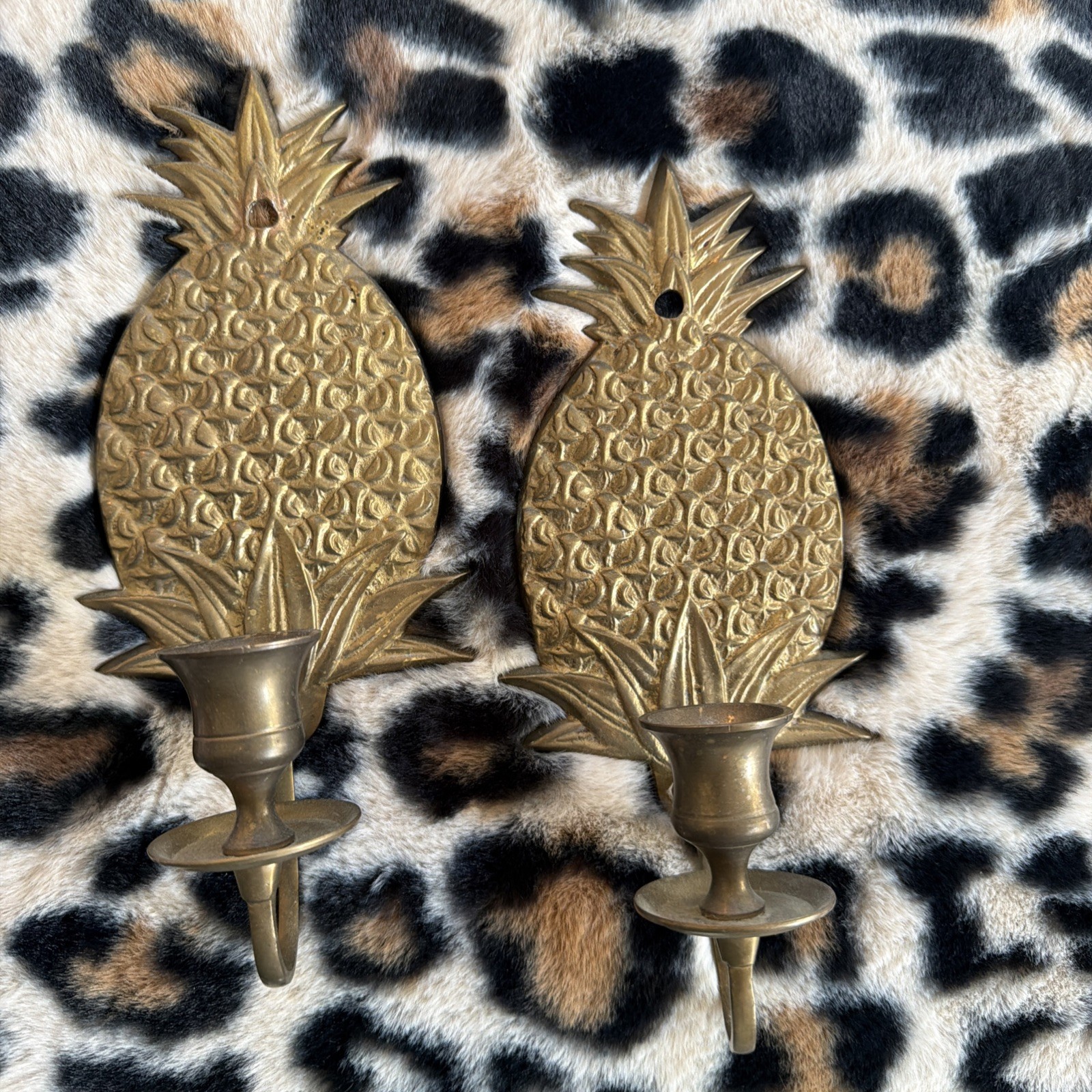 Vtg Mid-Century Solid Brass Pineapple Sconce Wall Candle Holders, 9.5” Vtg Mid-Century Solid Brass Pineapple Sconce Wall Candle Holders, 9.5”