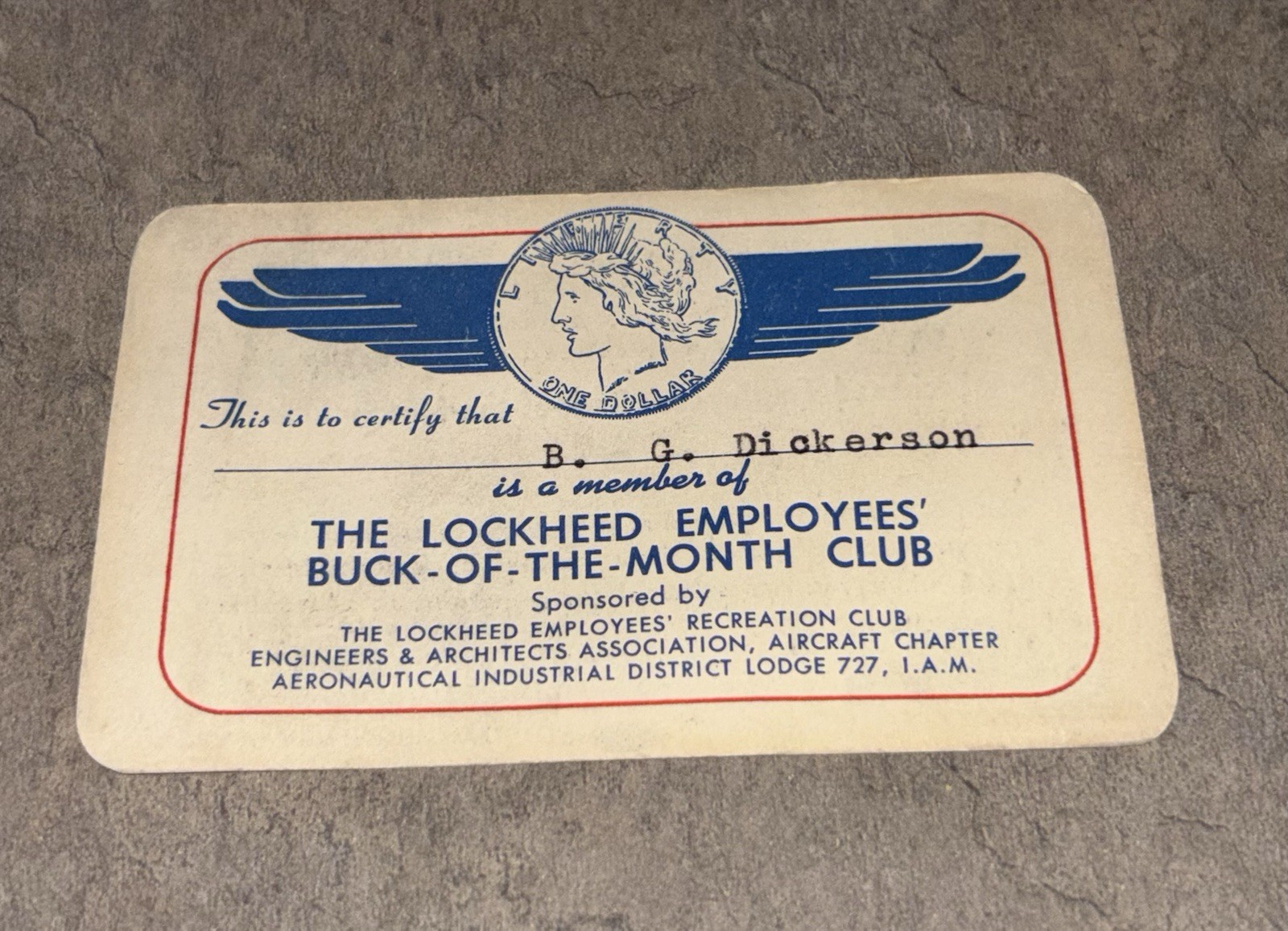 Vtg 1921 Lockheed Employee Buck-of-the Month Club Member Card Aircraft Airplane