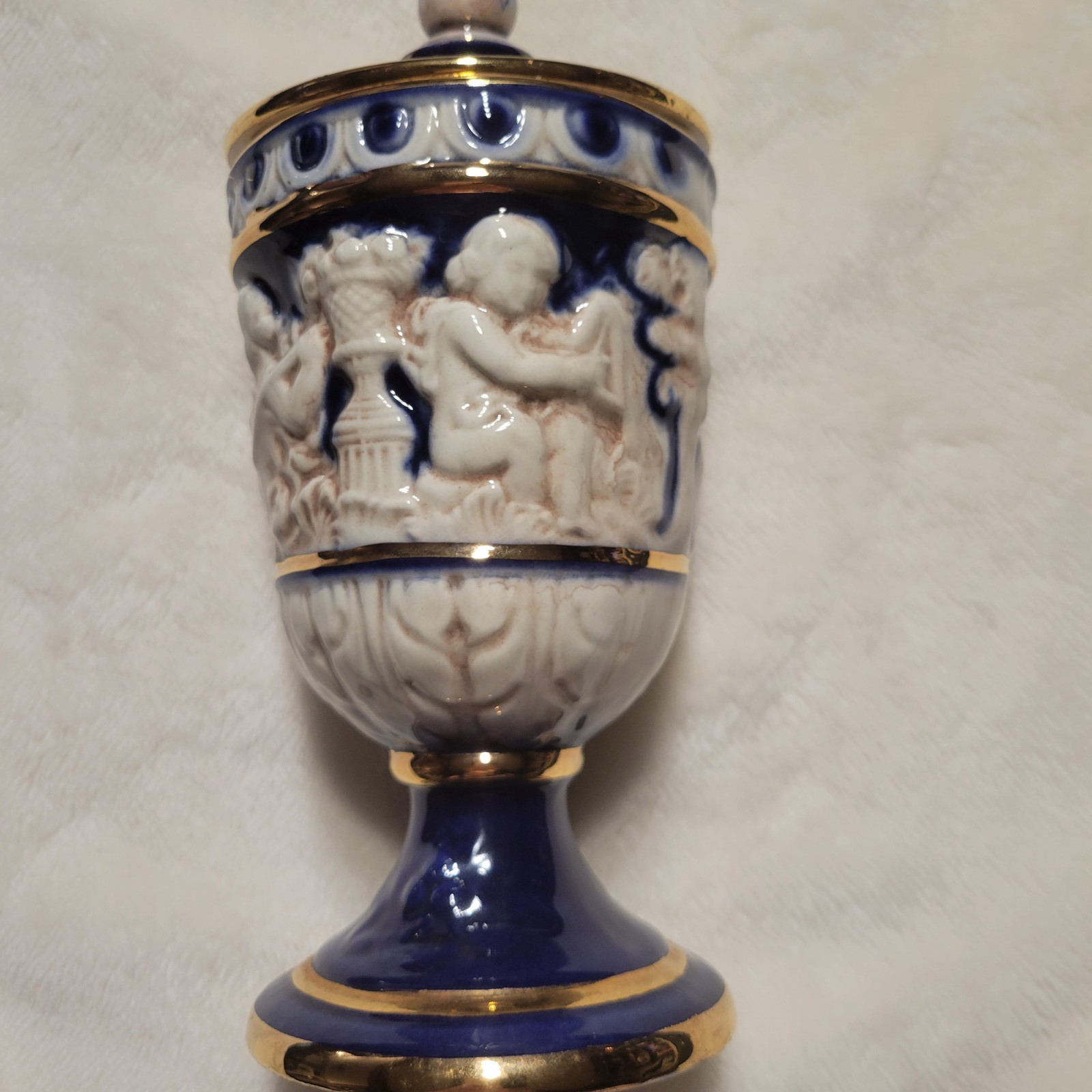 Vintage Norleans Italy Blue Gold Cherub Lidded Urn Capodimonte Style