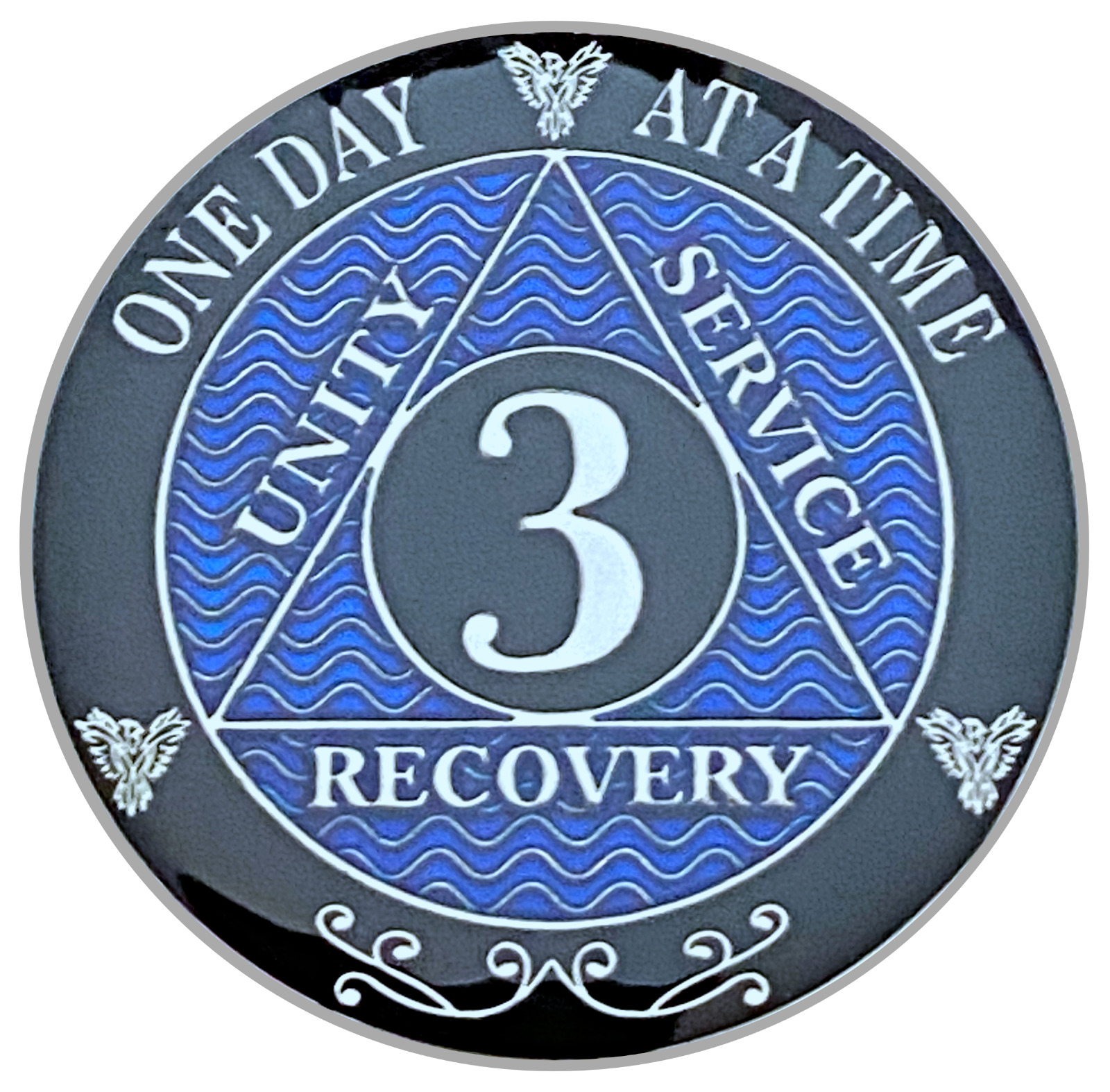 AA 3 Year Coin Blue, Silver Color Plated Medallion, Alcoholics Anonymous Coin
