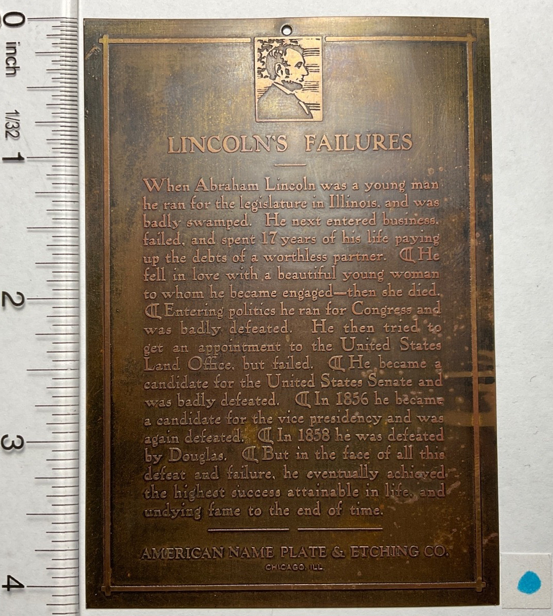 Antique Abraham Lincoln’s Failures Brass Wall Plaque American Name Plate Co.