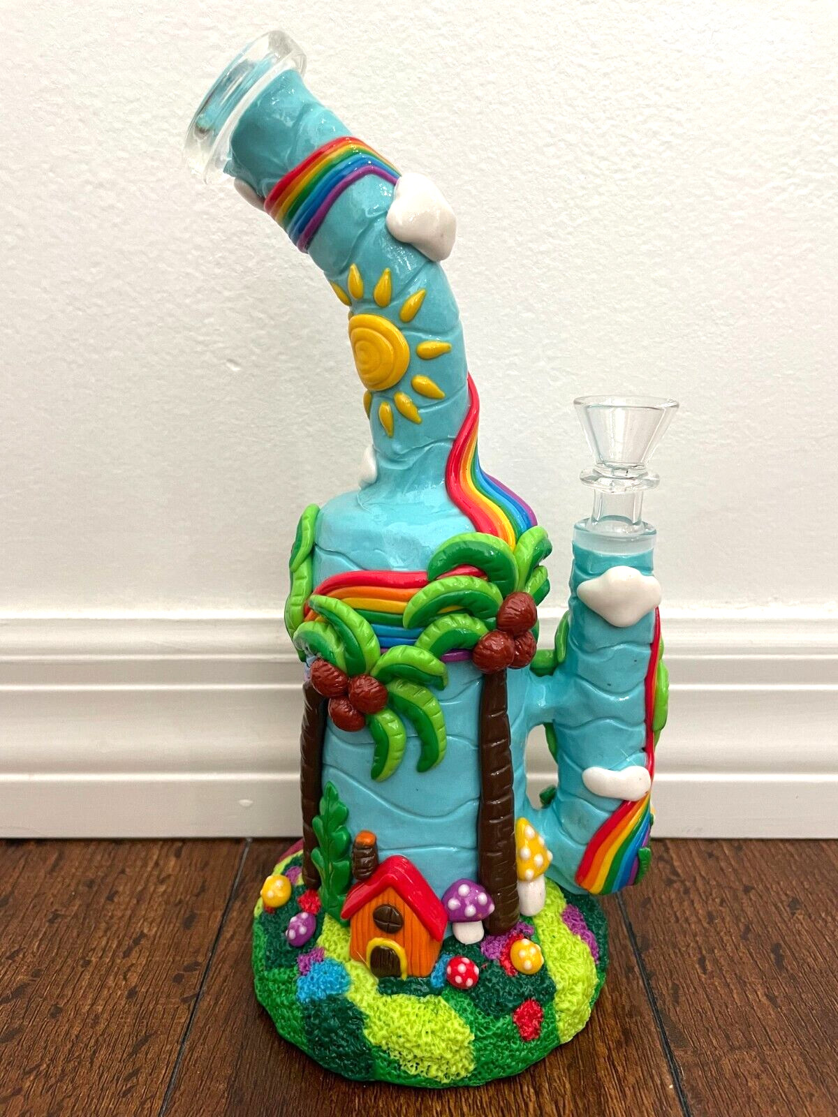 9.5” Premium Glass Water Hookah Art Tropical Island Time Rainbow 14mm