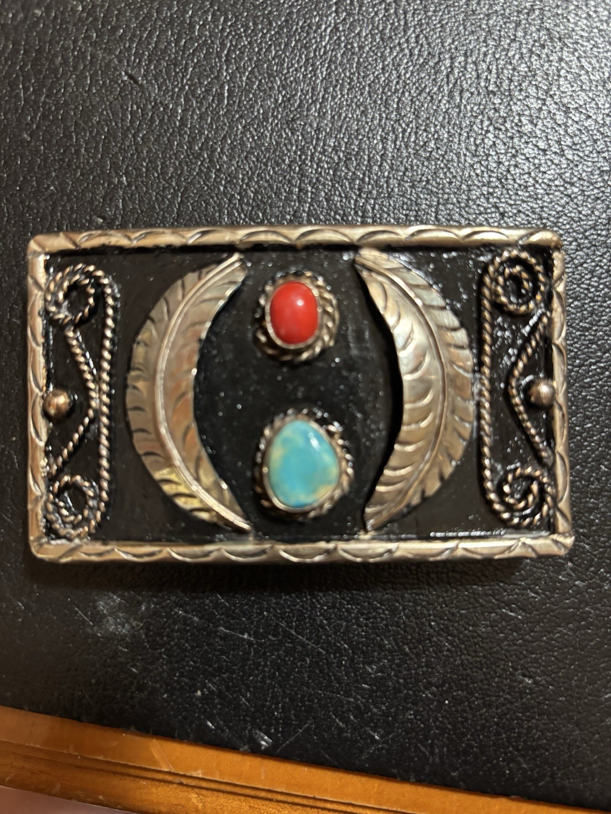 Vintage Native American Navajo Sterling Silver Turquoise & Red Coral Belt Buckle