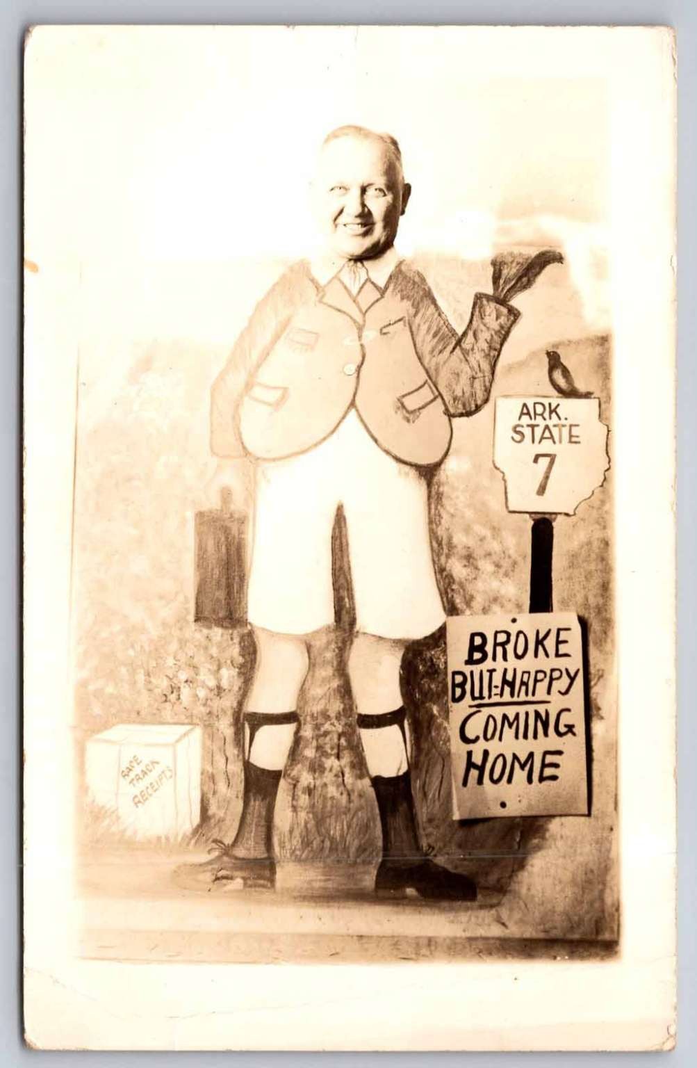 Humorous RPPC Broke But Happy Coming Home Ark. State 7 Miles Caricature Postcard