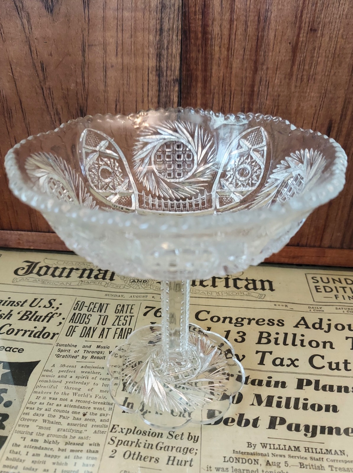 EAPG McKee Glass Co Aztec Sunburst Pedestal Compote 5.5” Vintage Circa 1910 NICE