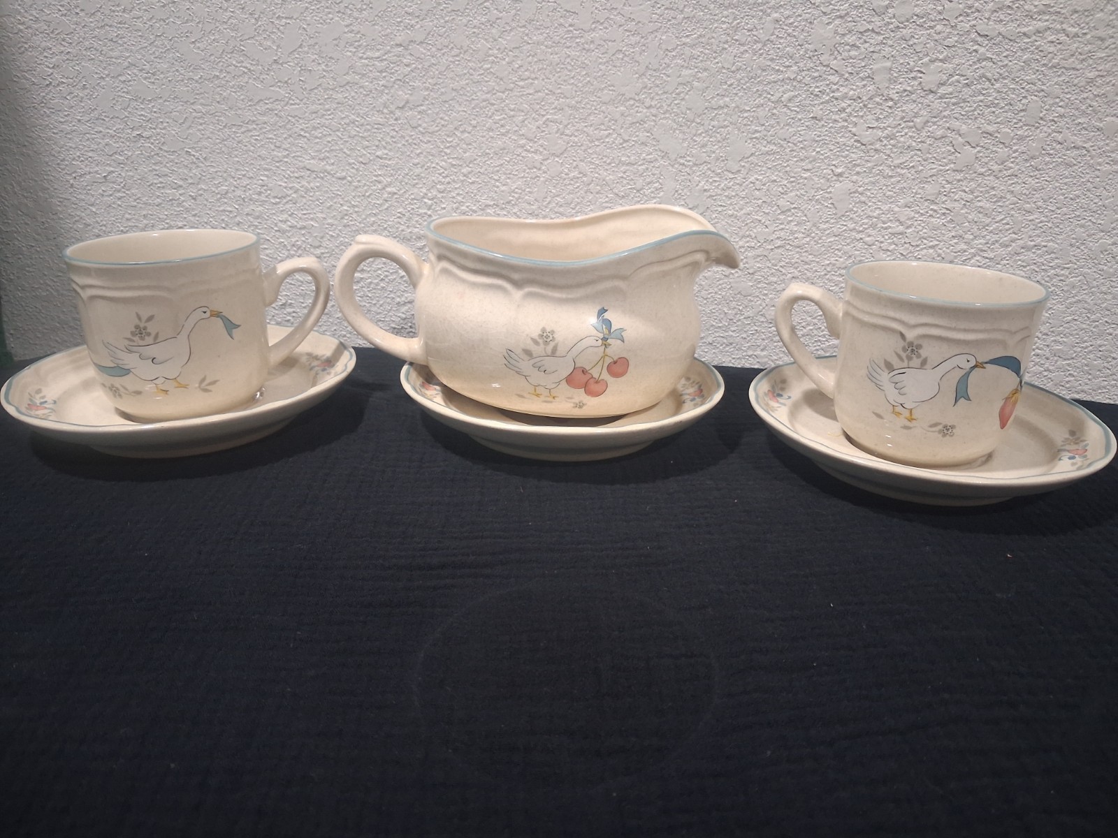 VTG International  MARMALADE Goose  2 Cup And Saucer Sets, Bonus Gravy Boat