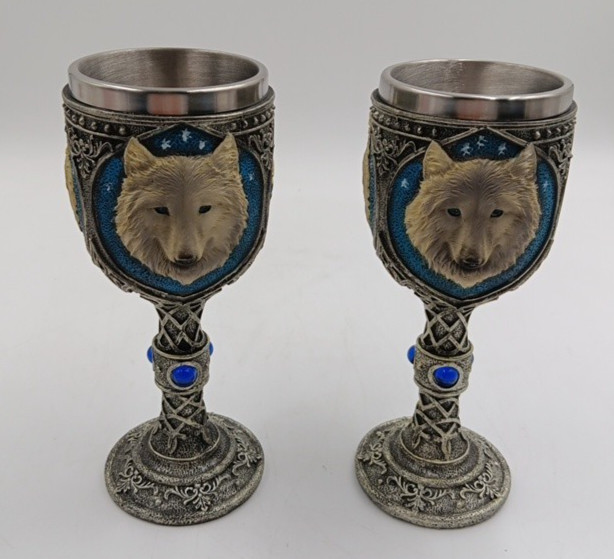 2pc Pacific Giftware Lone Wolf Celtic Magic Wine Chalices Goblets Gothic Pagan