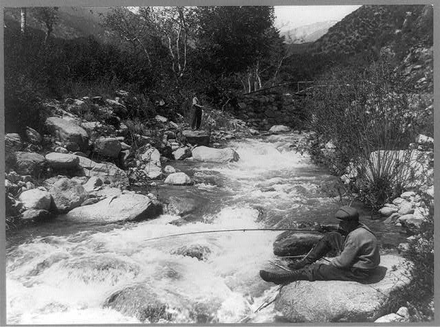 Ontario California 1909 Two Men Fishing in Creek Rocks Rivers Streams