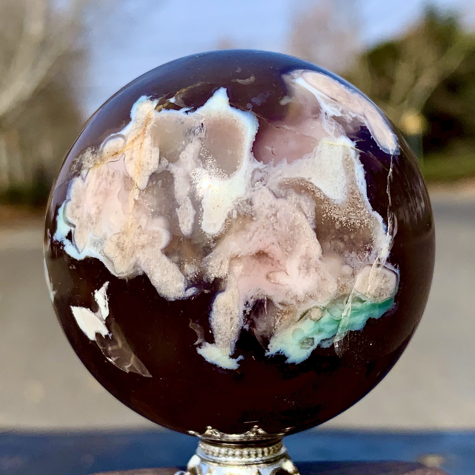 198G Natural black cherry blossom agate crystal sphere quartz Ball Healing
