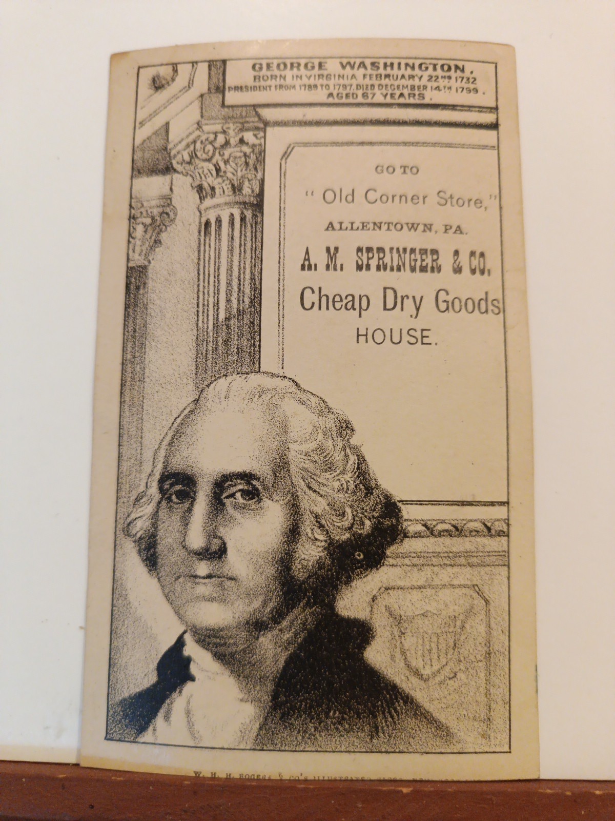 1880s President George Washington Advertising Trade Card W.H.H. Rogers  Co (P12)
