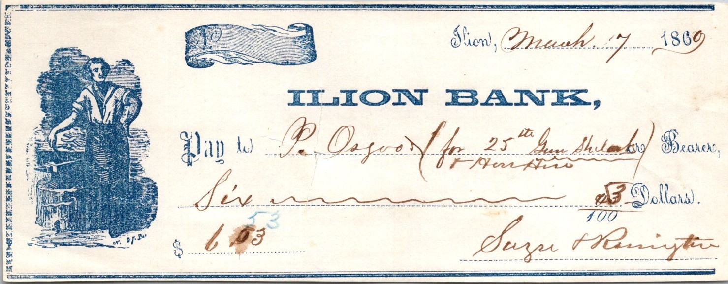 1866 Ilion Bank Check Sage & Remington Gun Stocker Payment Antique NY