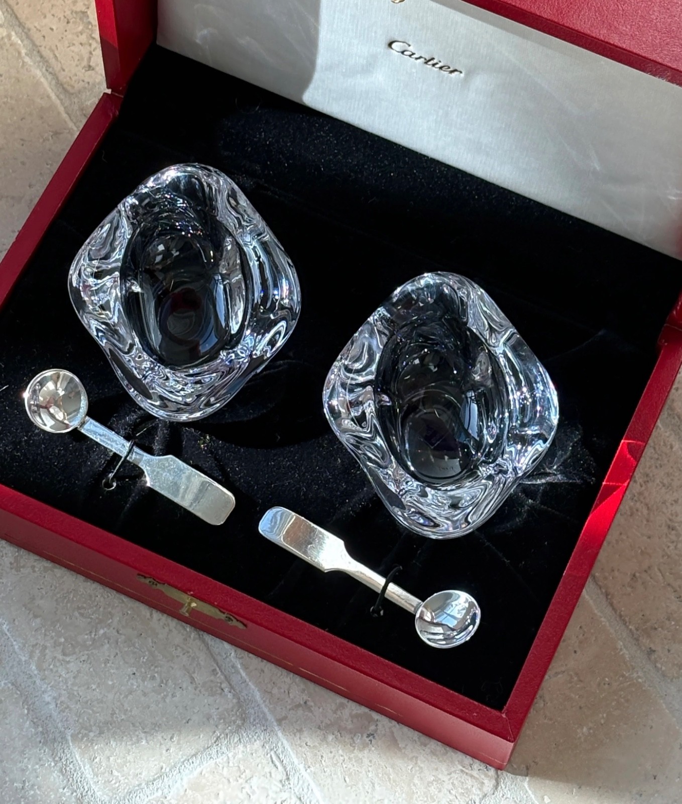 CARTIER CRYSTAL SALT + PEPPER CELLARS WITH STERLING SILVER  SPOONS