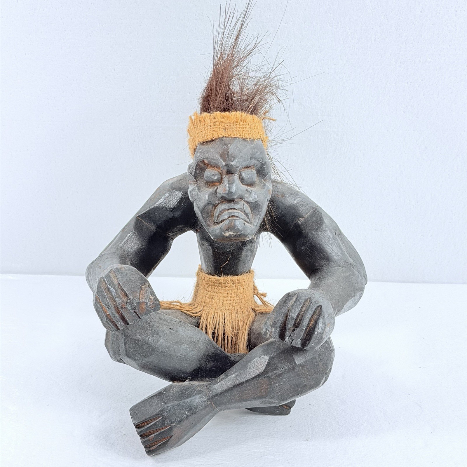 VTG Hand Carved Wood Tribal Figure Real Hair Grass Skirt Seated Warrior Statue VTG Hand Carved Wood Tribal Figure Real Hair Grass Skirt Seated Warrior Statue