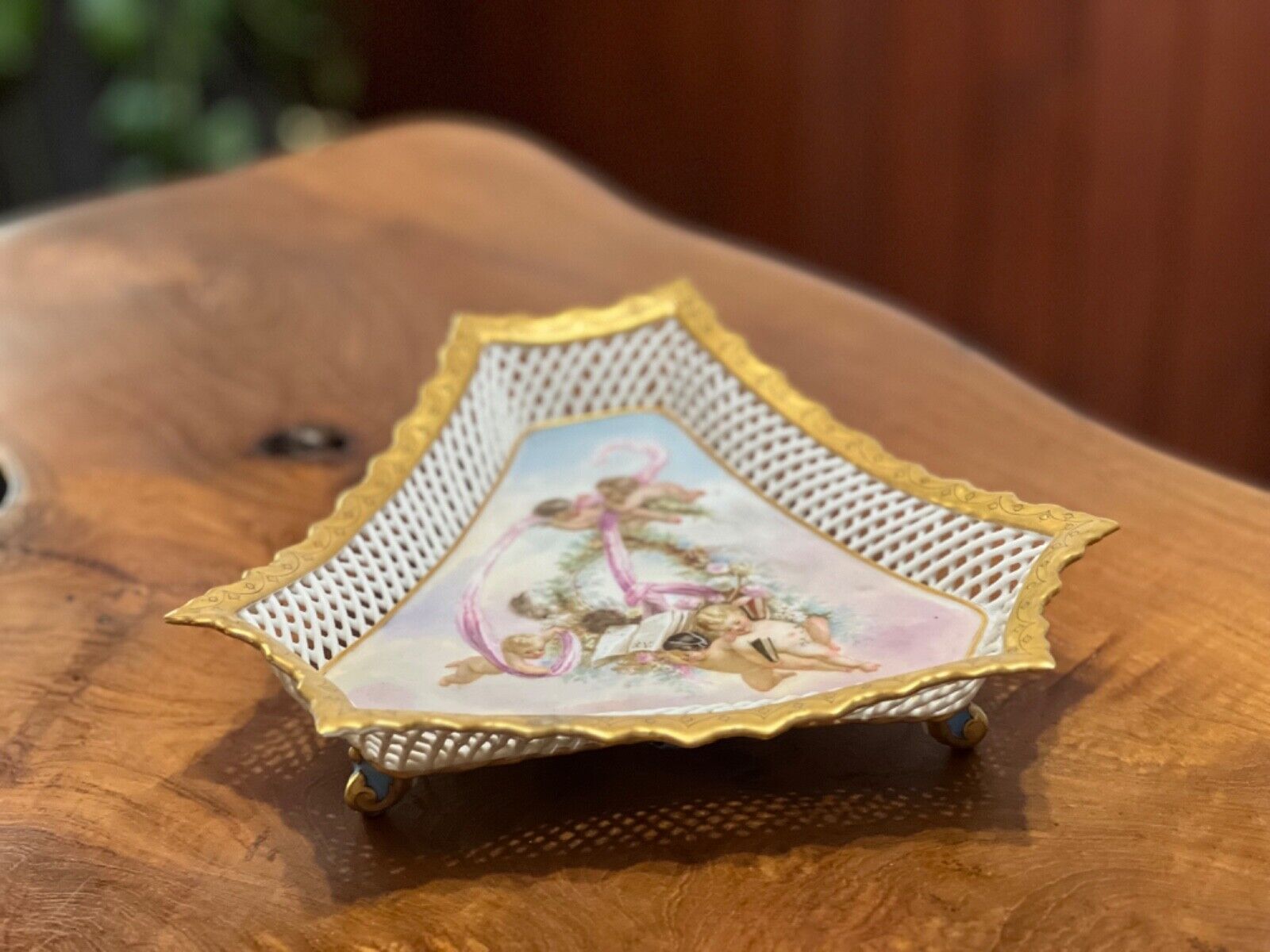 Vintage Triangular Cherub Hand Painted Vanity Trinket Dish
