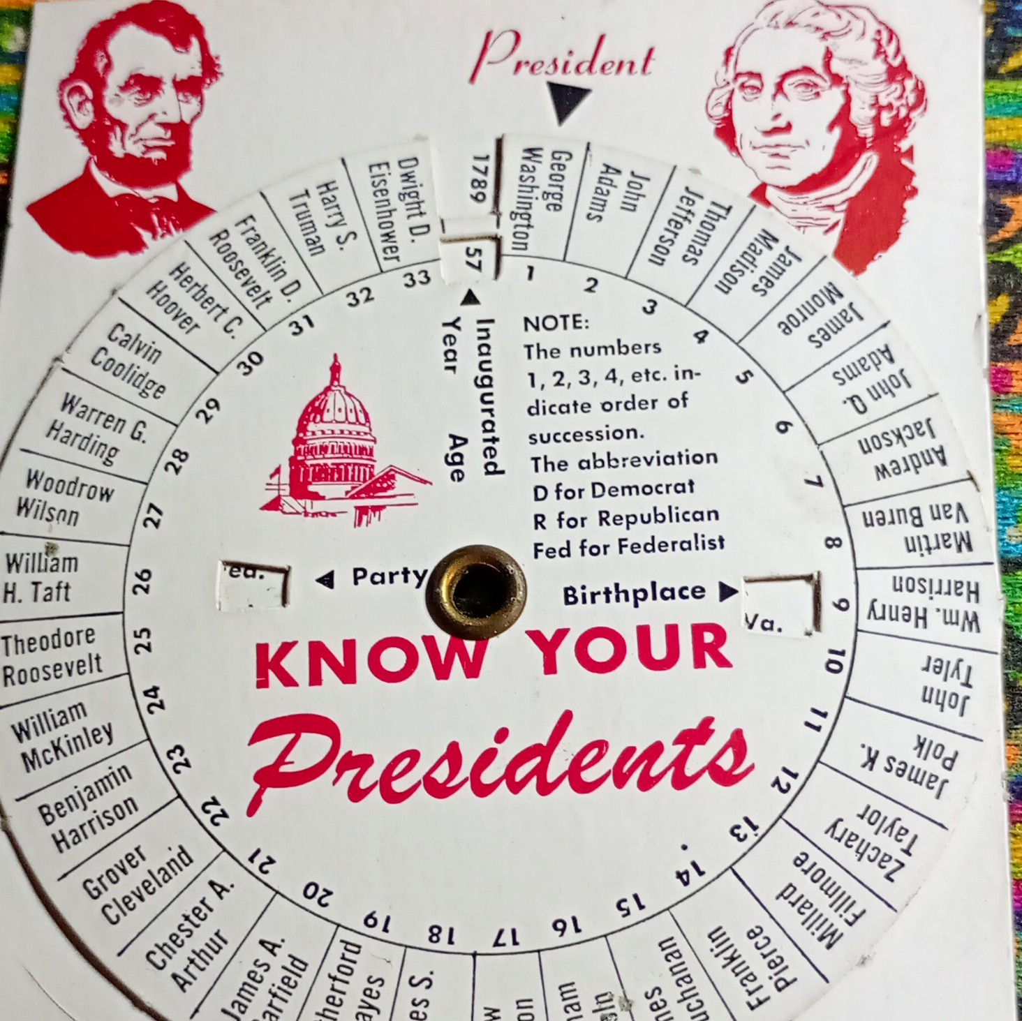 Know Your Presidents Educational Wheel Chart Paper Spinner Politics USA 1950s