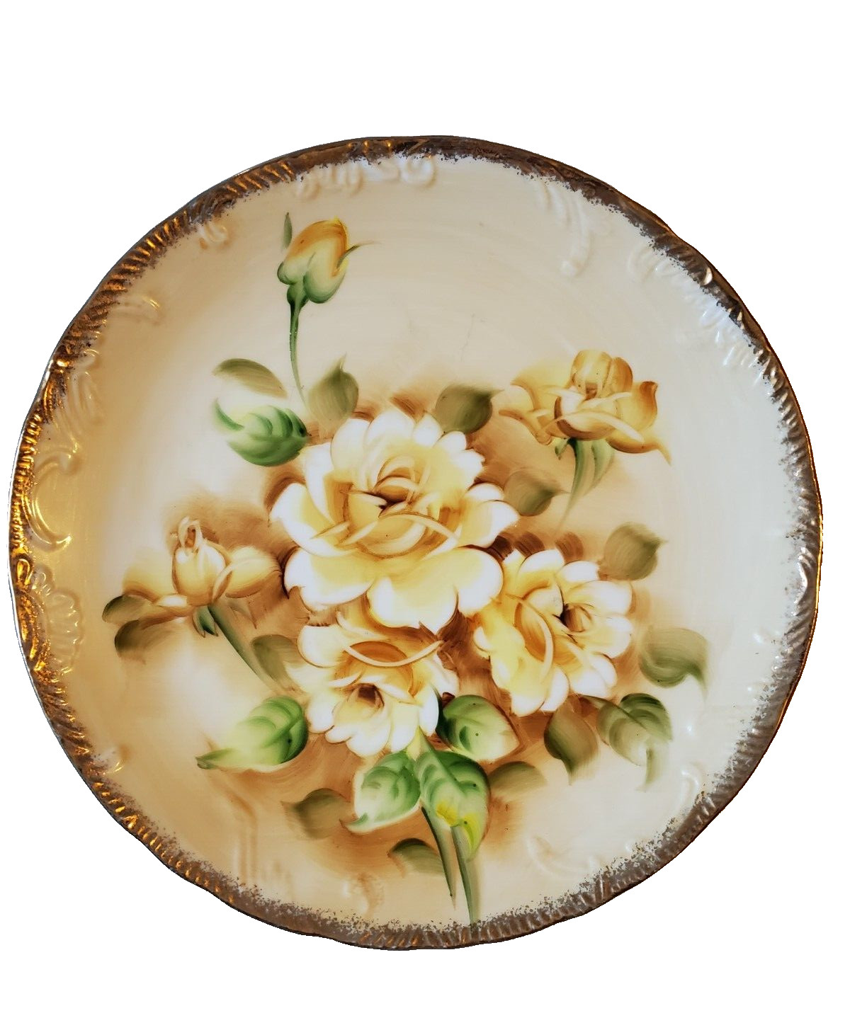 Vintage plate Yellow Rose MCM Gold Trim collector Display China Decor flower
