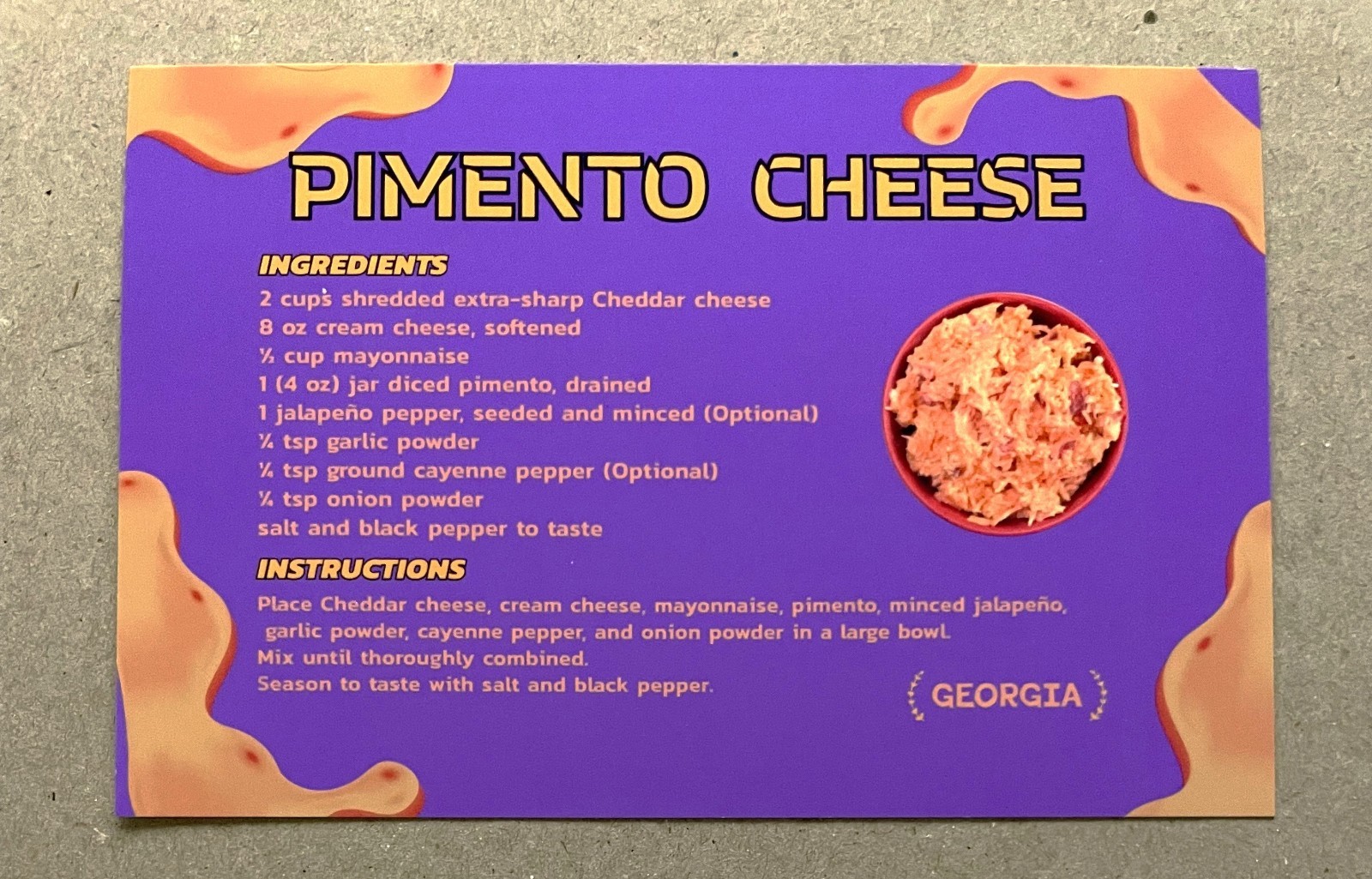 New postcard 4x6 Pimento Cheese Recipe Georgia 50 States Famous Recipe Series