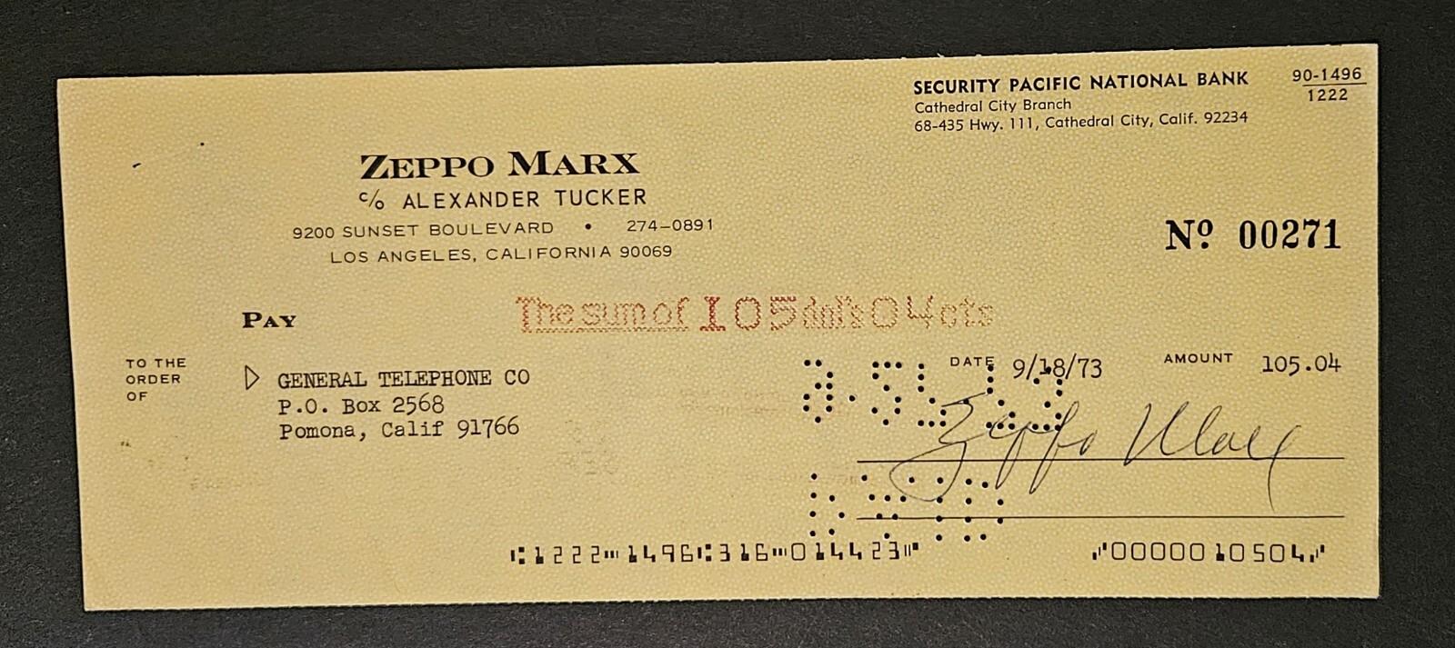 Zeppo Marx Comedic Actor, Signed Autograph Check Dated 1973 Zeppo Marx Comedic Actor, Signed Autograph Check Dated 1973