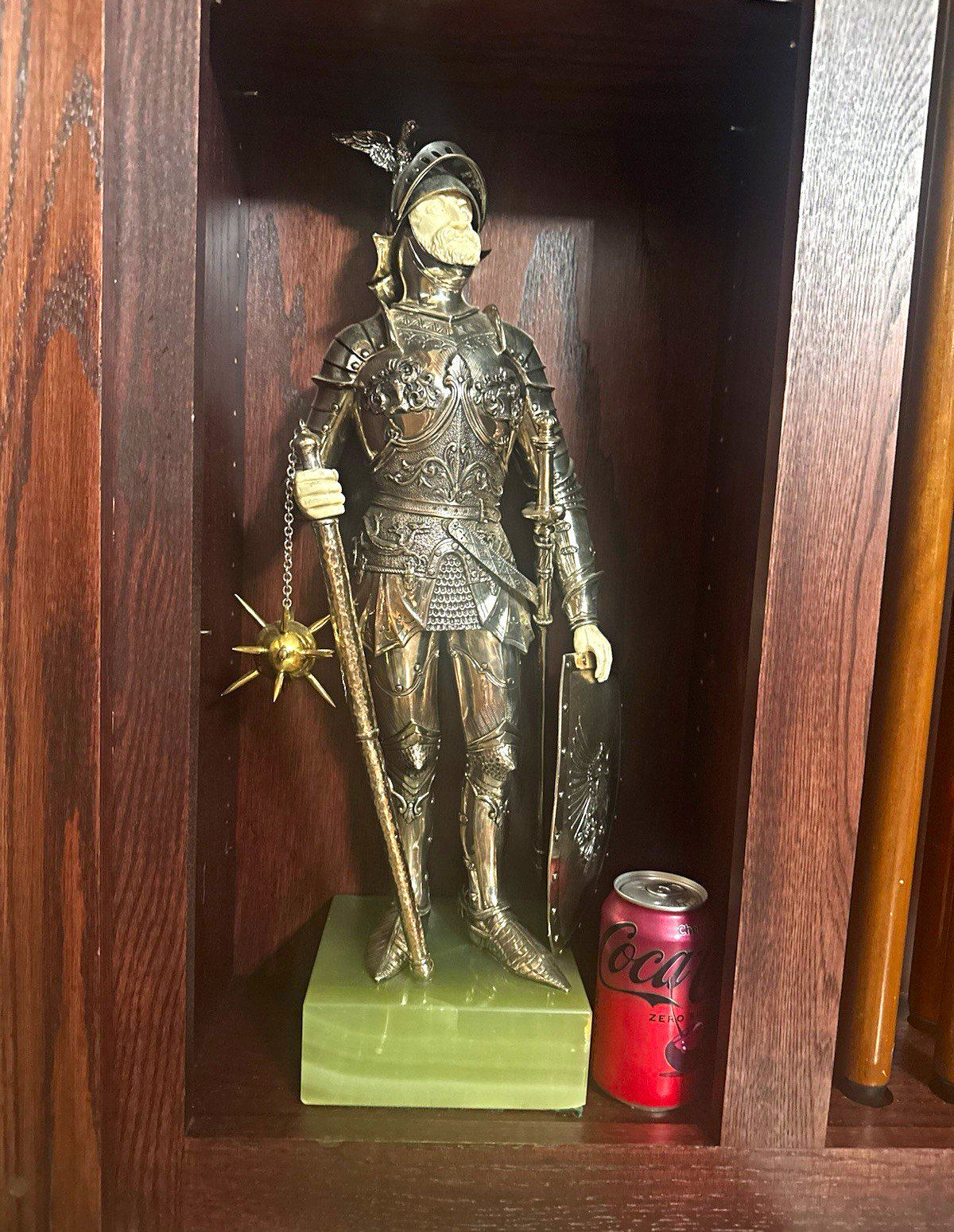 Antique 23 inch 15.4 pound hollow sterling silver green onyx  knight statue 