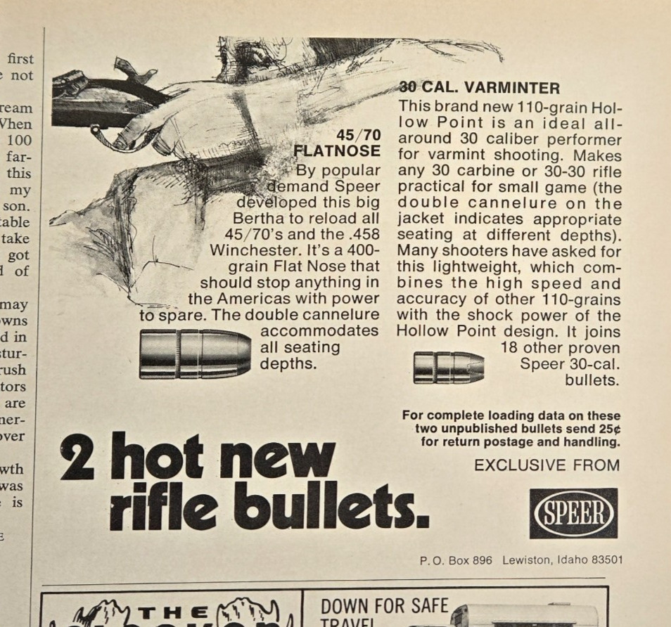 1973 Vintage Speer Bullets Print Ad Original 45/70 Flatnose 30 Cal Varminter Art