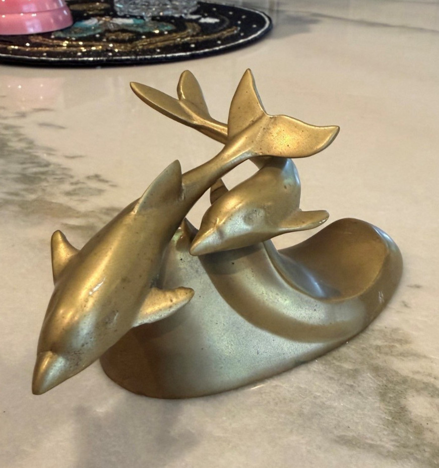 Vintage Brass Double Dolphin Sculpture on Wave 6 Inch Nautical Decor